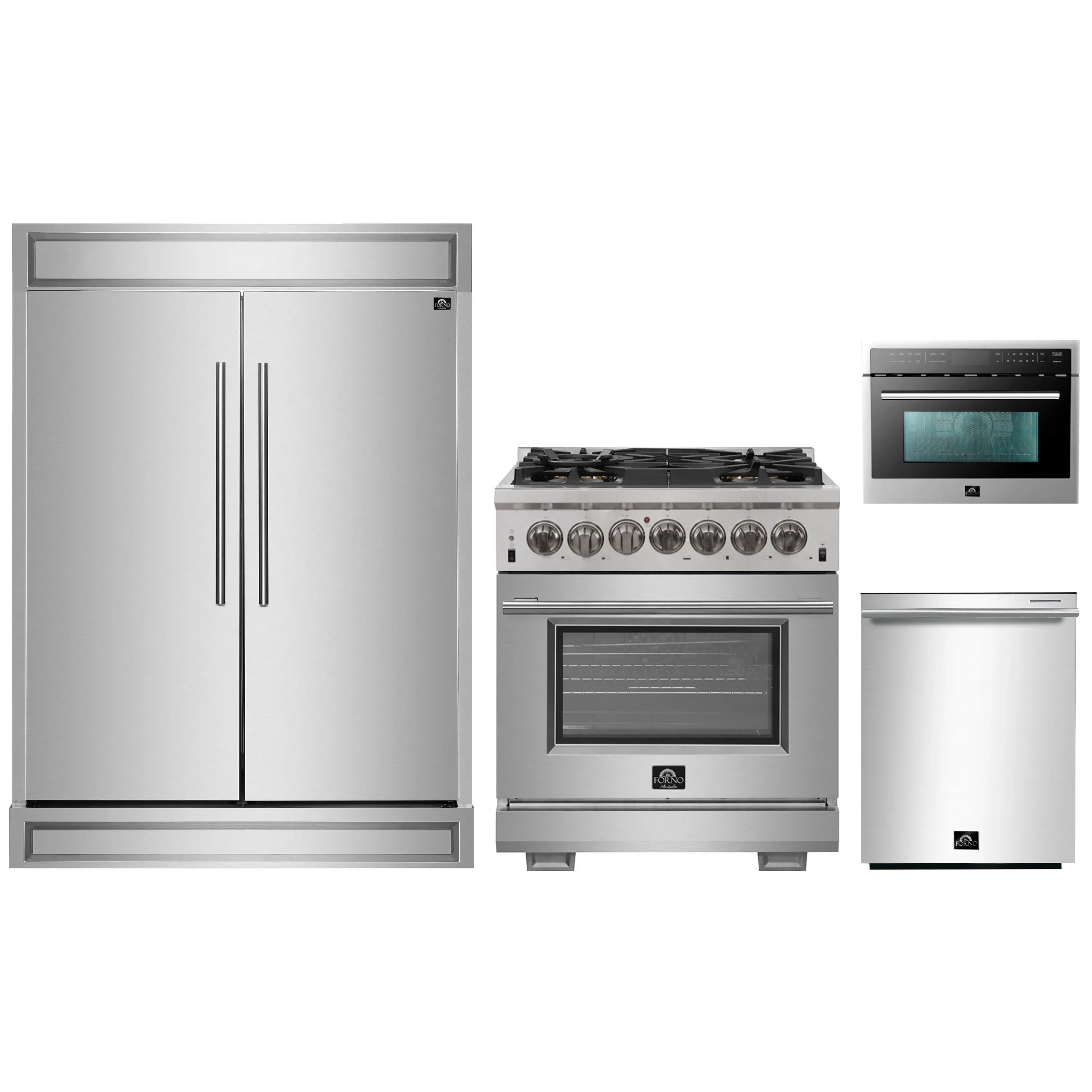 Stainless steel appliance package featuring refrigerator, dual fuel range, and microwave