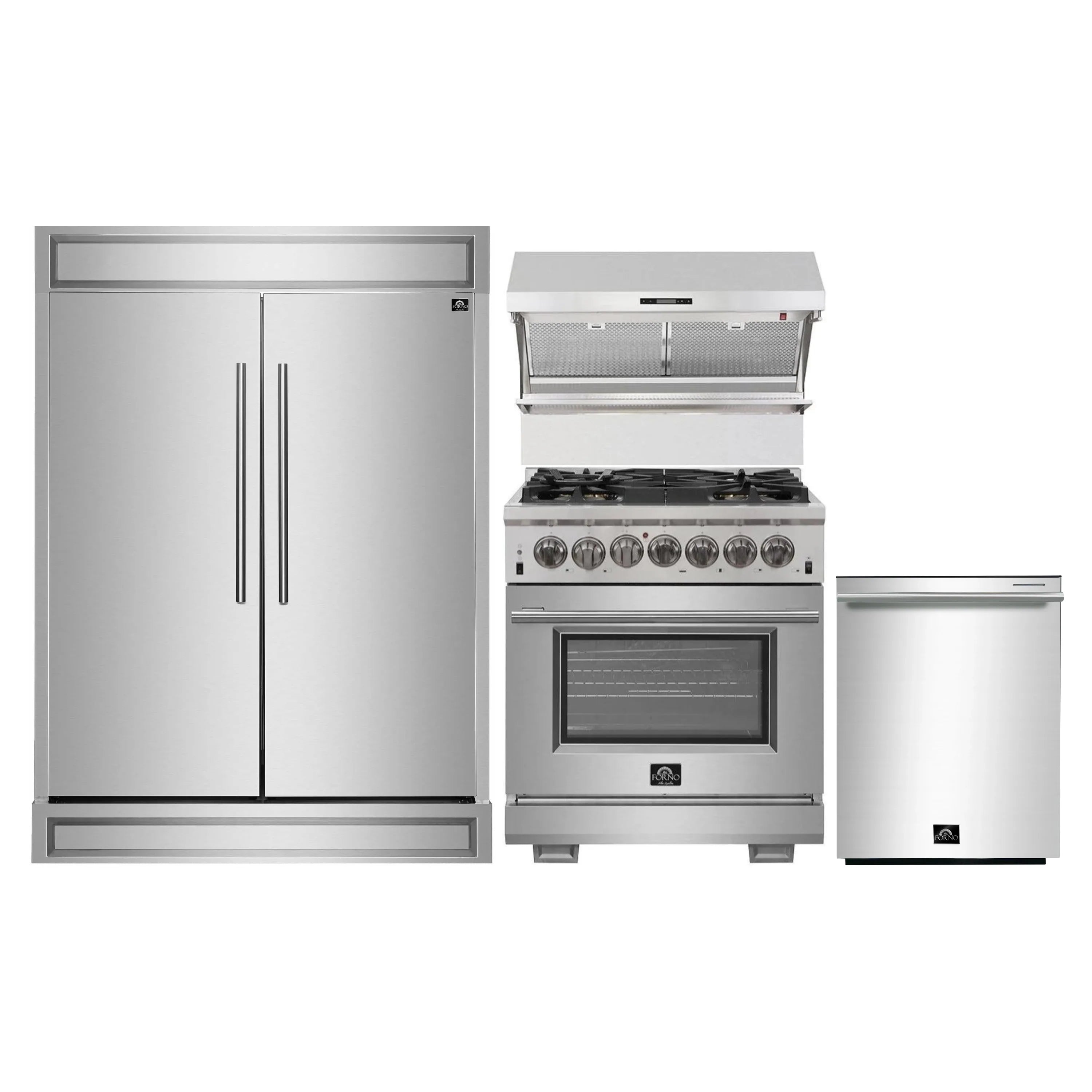 Stainless steel appliance package with range, refrigerator, hood, and dishwasher