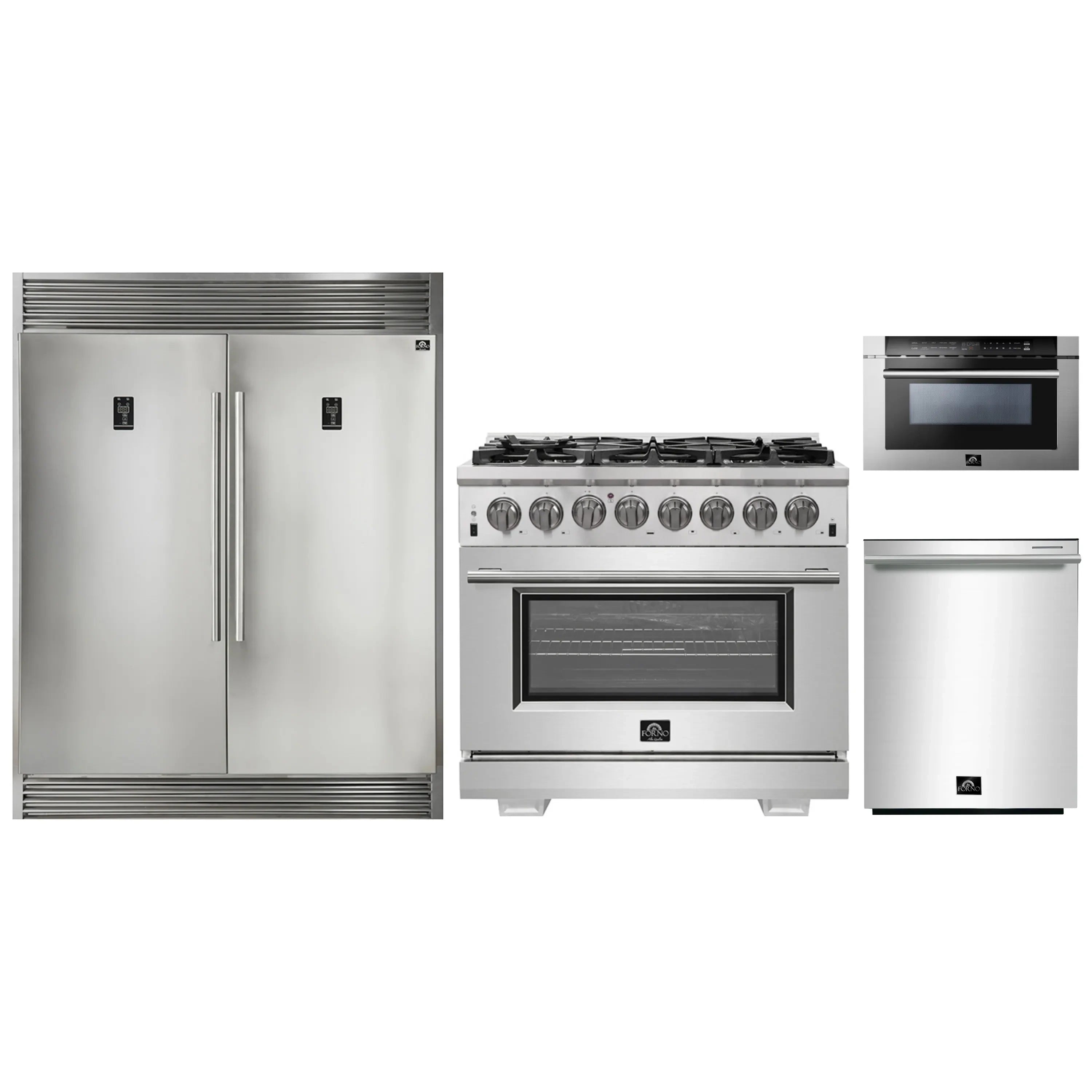 Stainless steel appliance set: refrigerator, dual-fuel range, microwave drawer, dishwasher