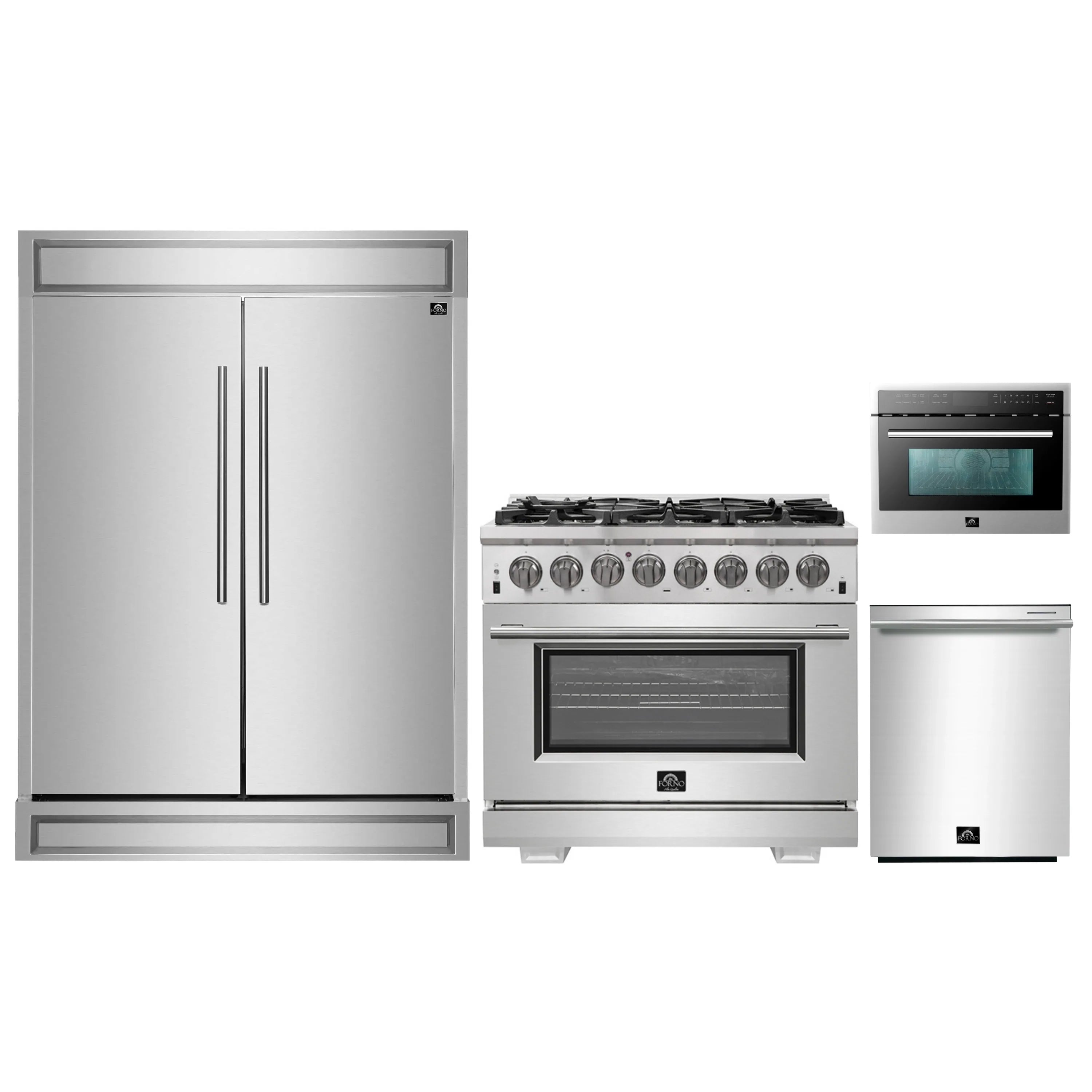 Stainless steel kitchen appliance package with refrigerator, stove, microwave, dishwasher