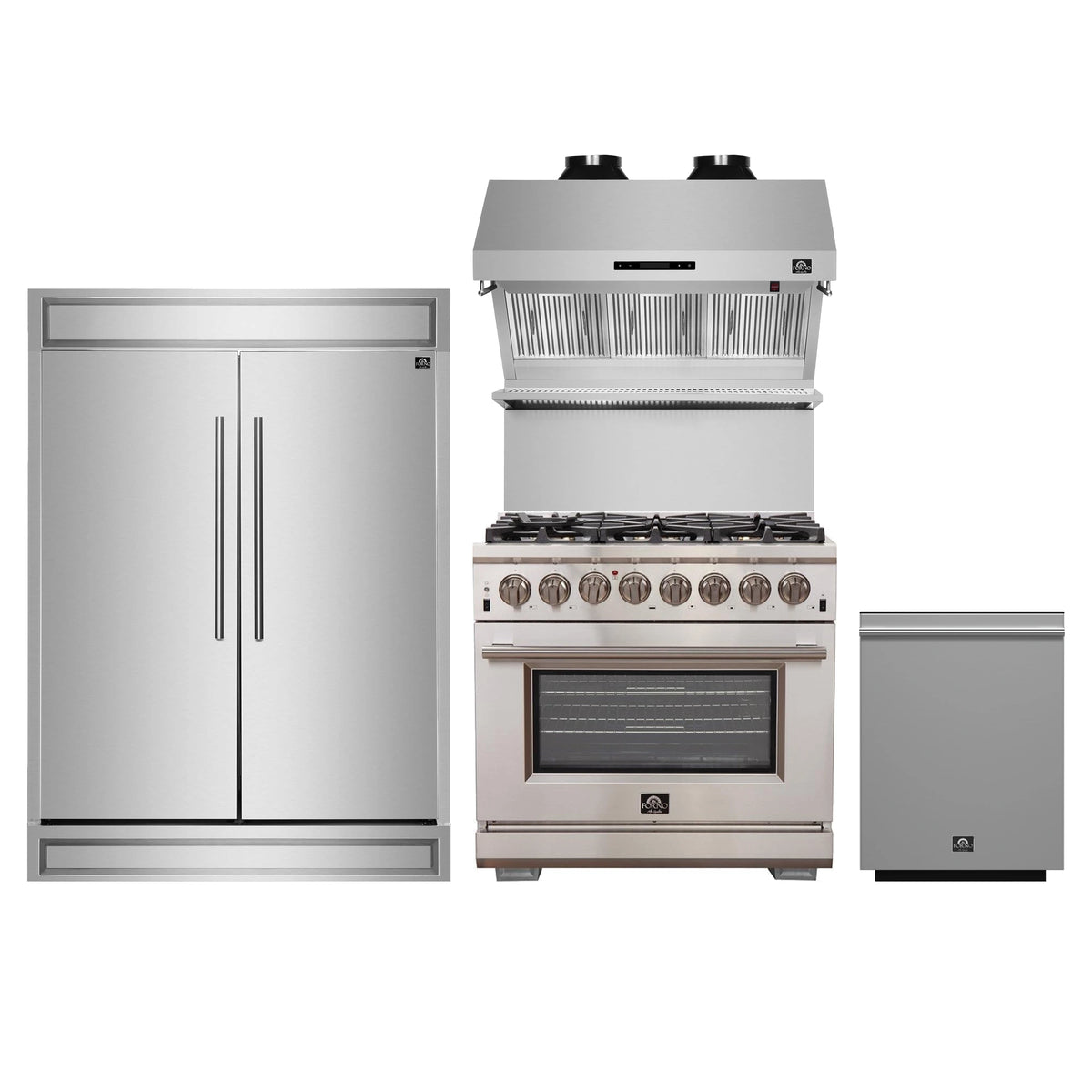 Forno 4-Piece Pro Appliance Package - 36-Inch Dual Fuel Range, Pro-Style Refrigerator, Wall Mount Hood with Backsplash, and Dishwasher in Stainless Steel