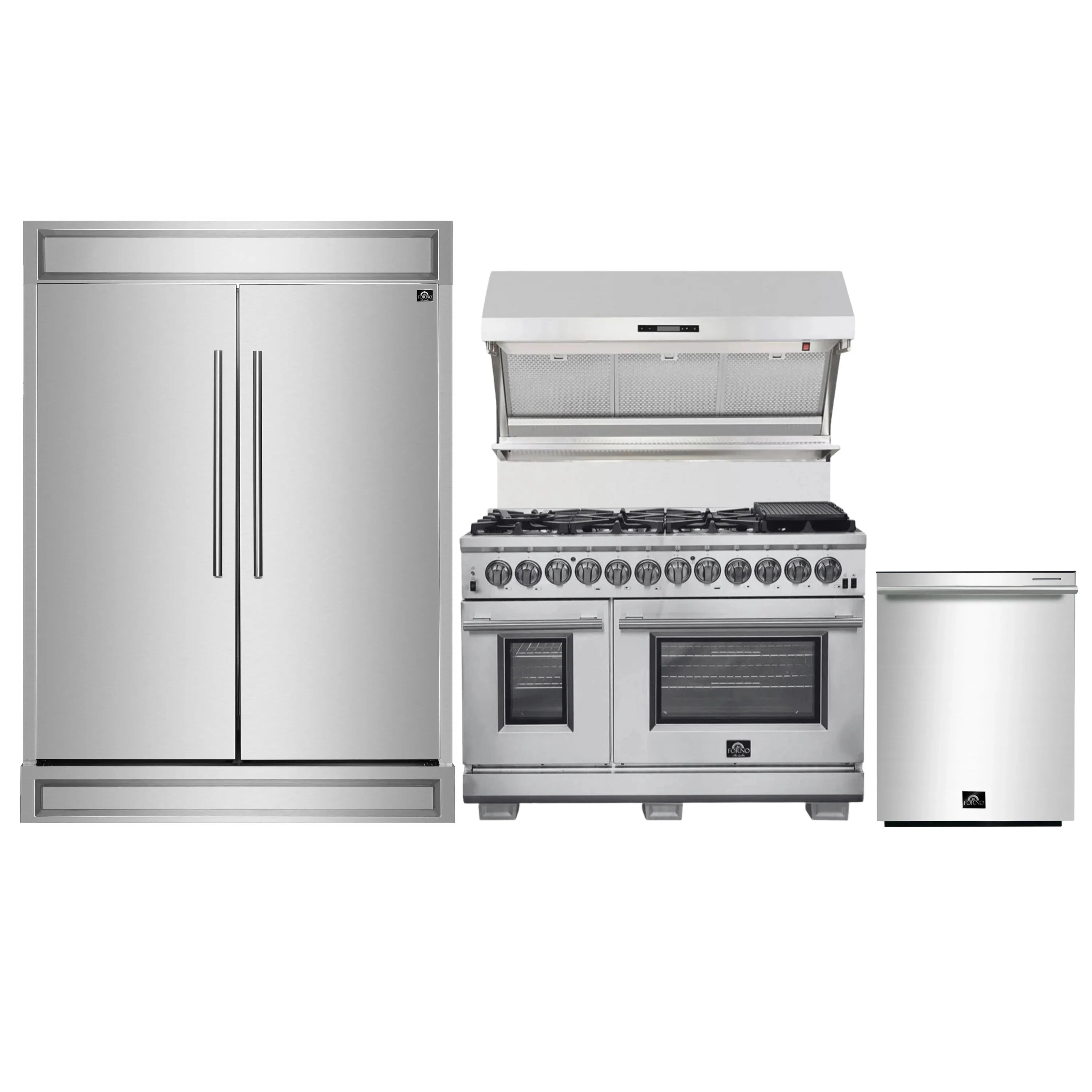 Stainless steel kitchen appliance set with range, hood, refrigerator, and dishwasher