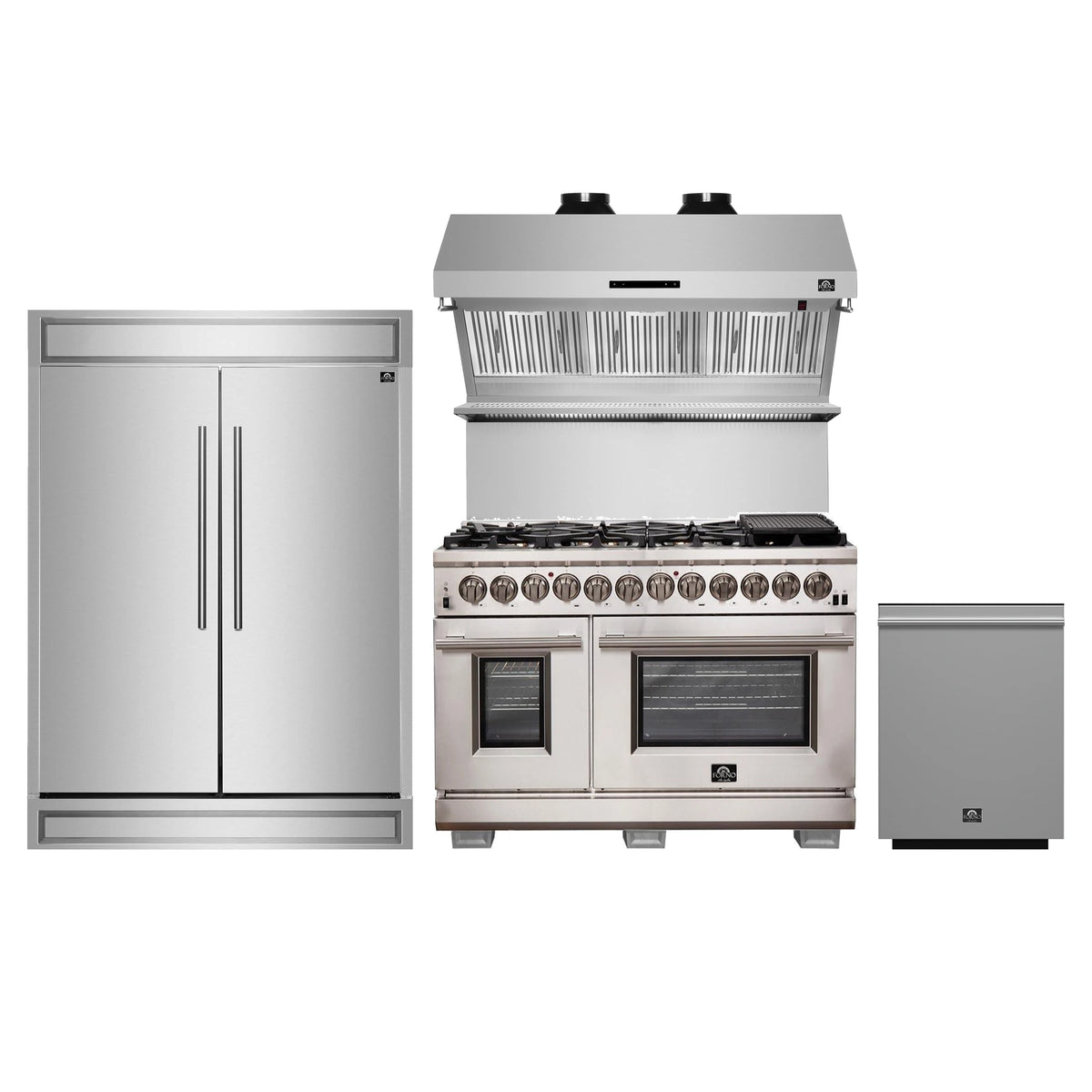 Forno 4-Piece Pro Appliance Package - 48-Inch Dual Fuel Range, 60-Inch Pro-Style Refrigerator, Wall Mount Hood with Backsplash, & Dishwasher in Stainless Steel