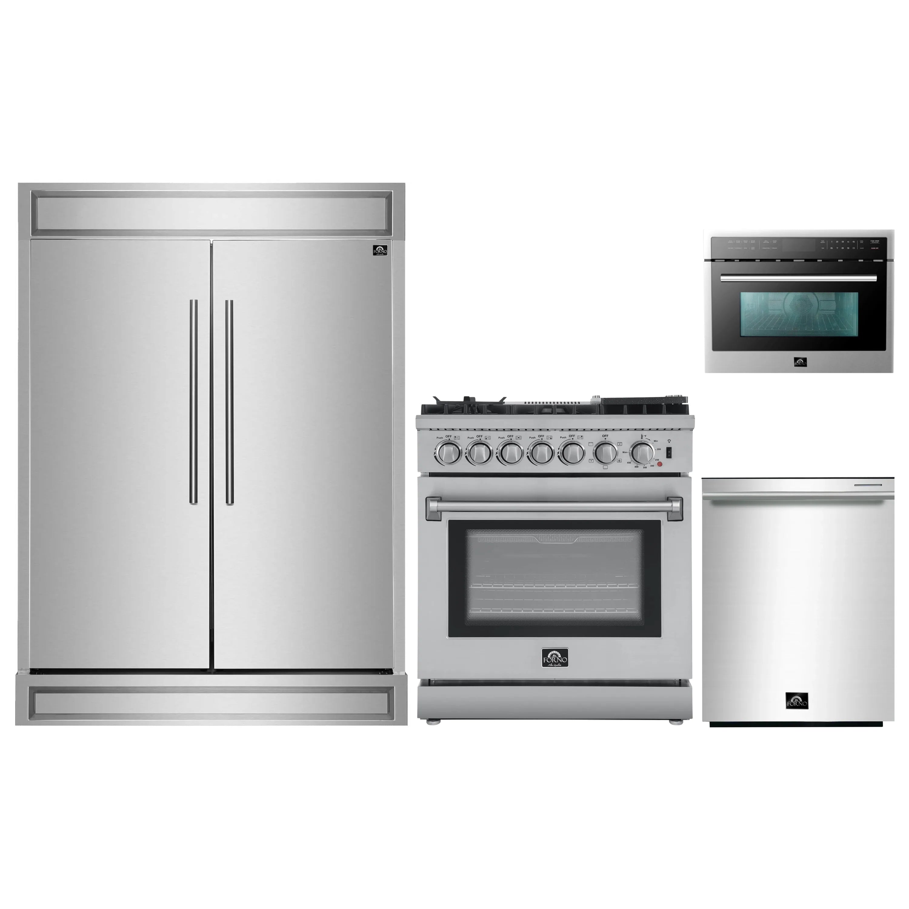 Kitchen appliance set: stainless refrigerator, dual fuel range, and microwave