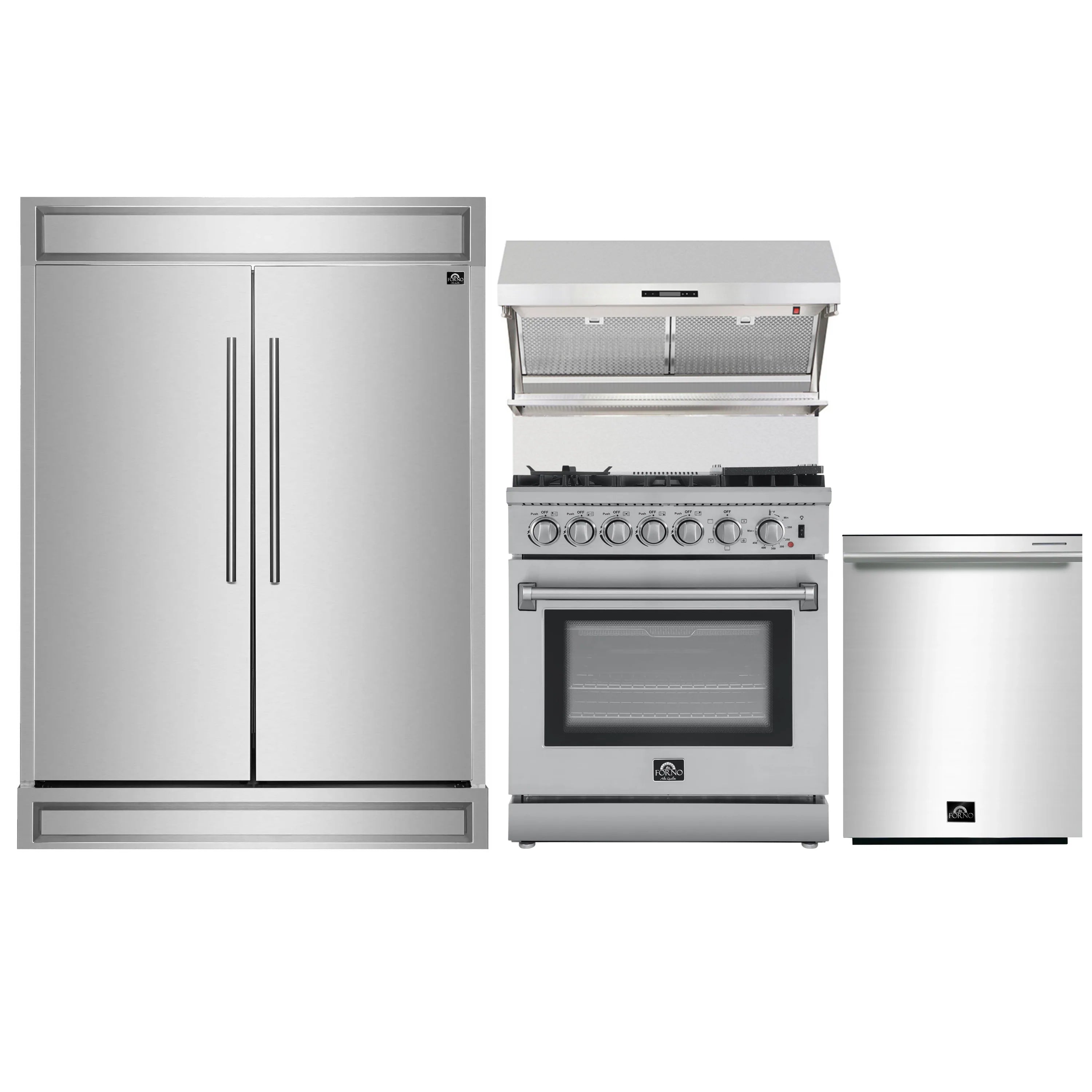 Stainless steel refrigerator, dual-fuel range, and wall hood with backsplash