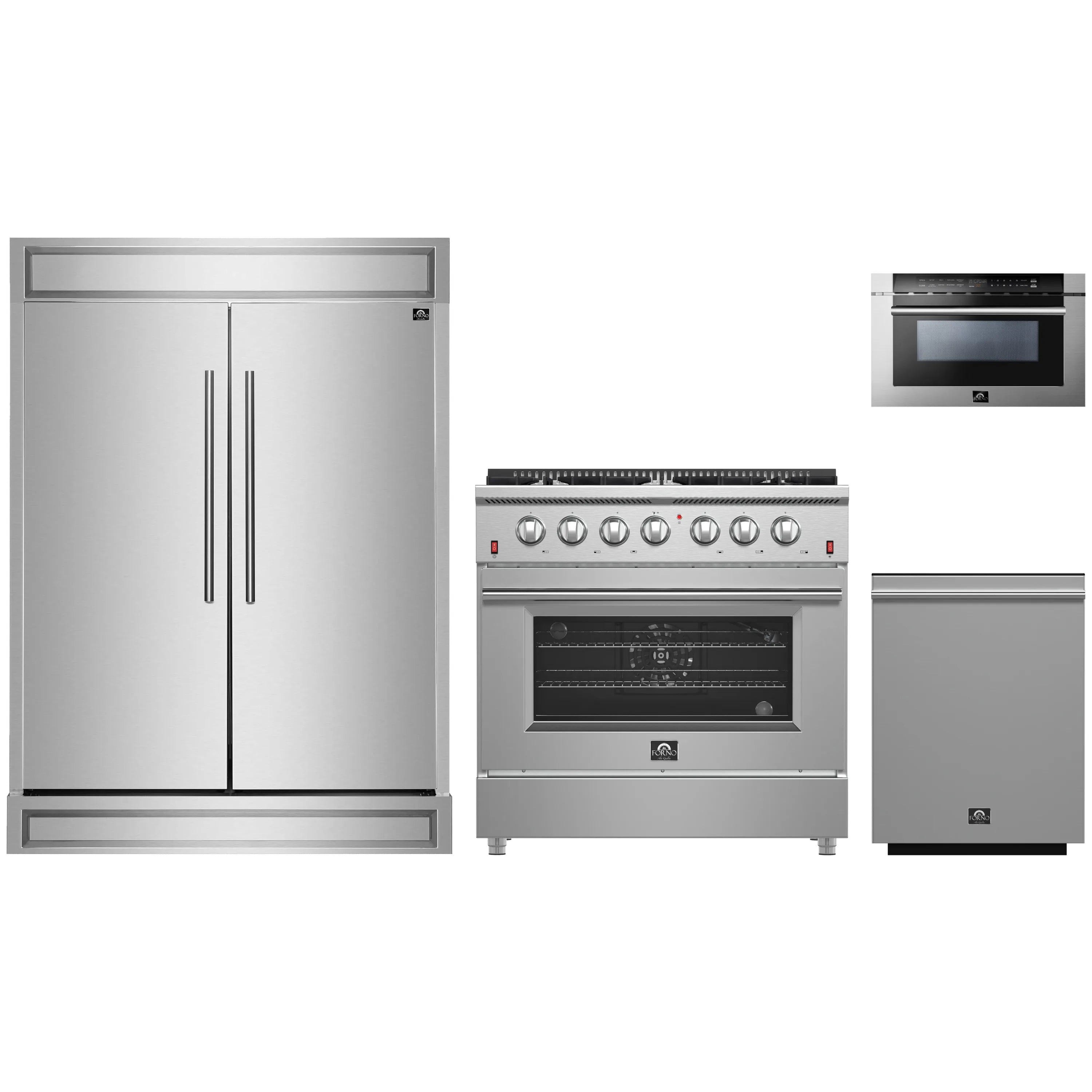 Stainless steel appliance package with refrigerator, gas range, dishwasher, and microwave.