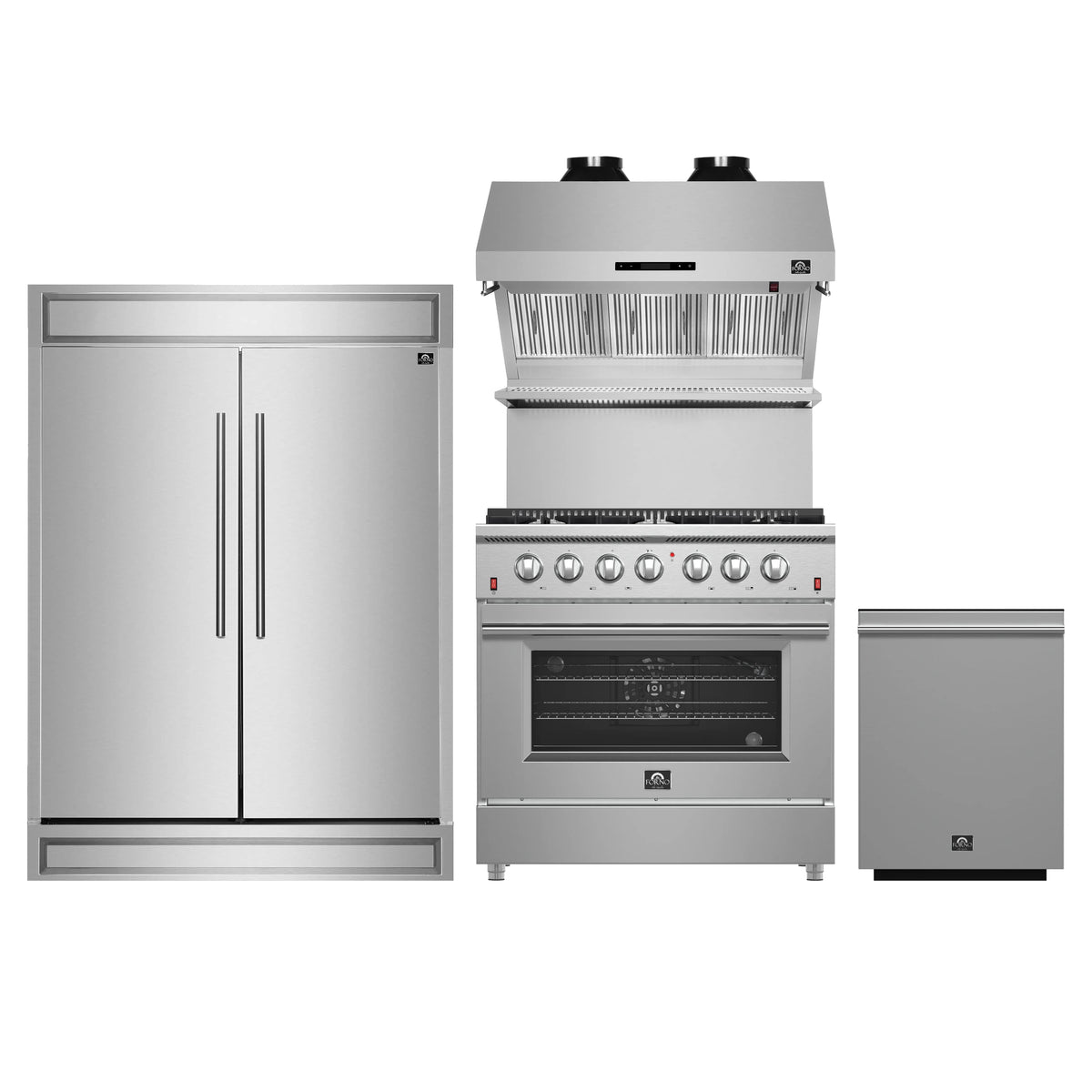 Forno 4-Piece Appliance Package - 36-Inch Gas Range, 60-Inch Pro-Style Refrigerator, Wall Mount Hood with Backsplash, & 3-Rack Dishwasher in Stainless Steel