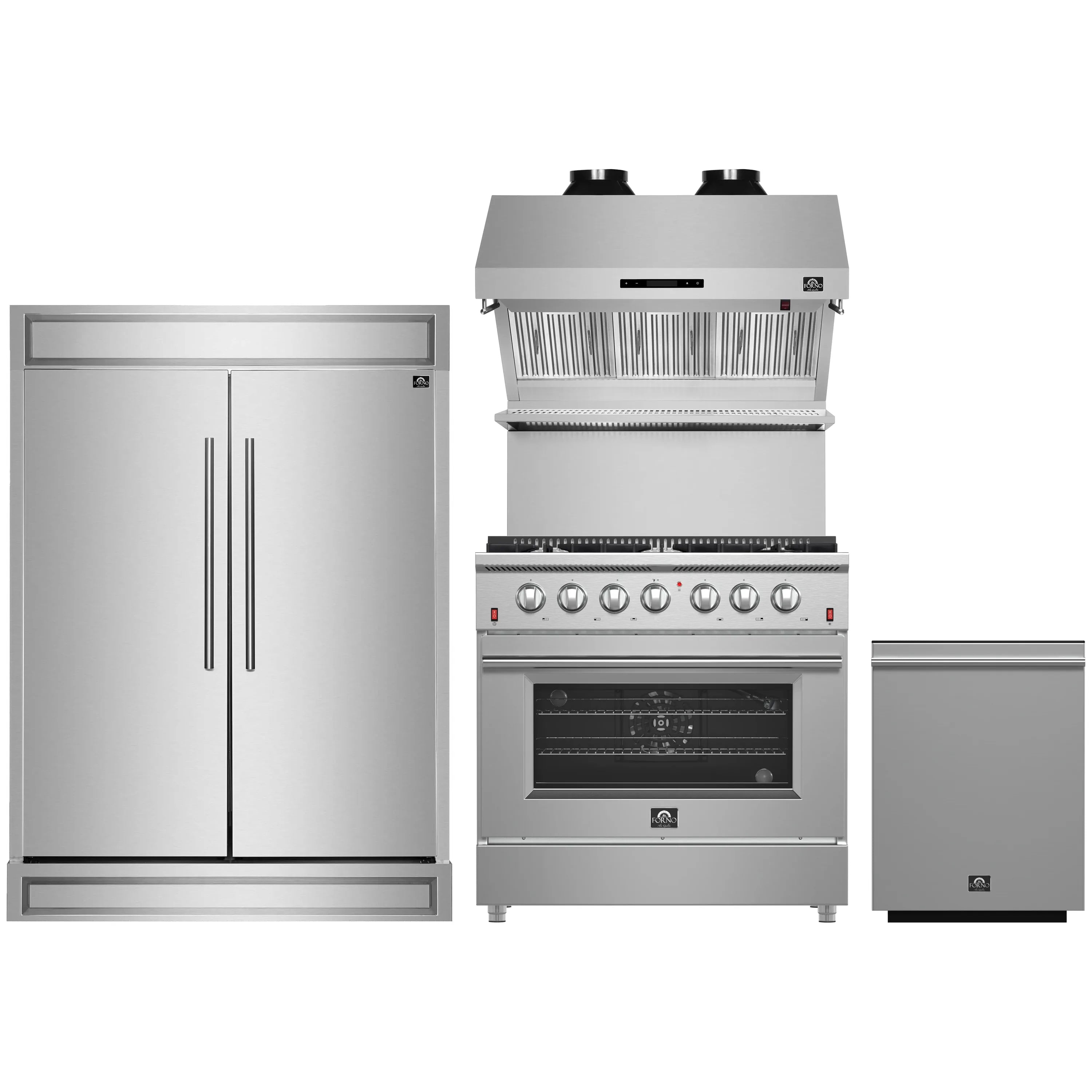 Stainless steel gas range with overhead hood plus side-by-side refrigerator doors