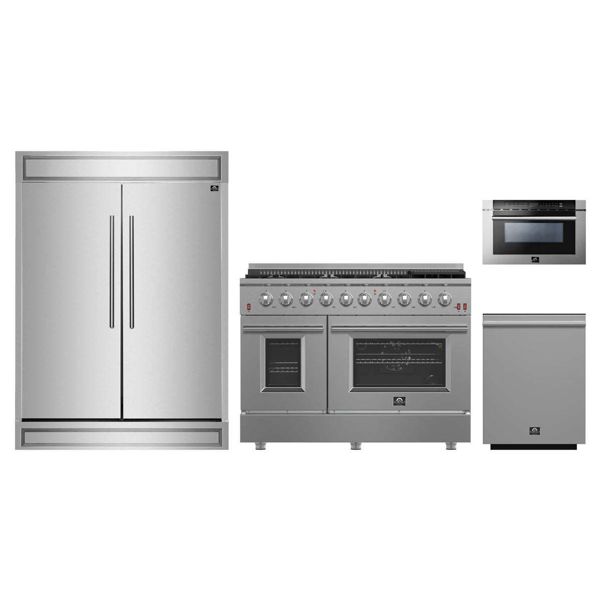 Forno 4-Piece Appliance Package - 48-Inch Gas Range, 60-Inch Pro-Style Refrigerator, 24-Inch Microwave Drawer, & 3-Rack Dishwasher in Stainless Steel