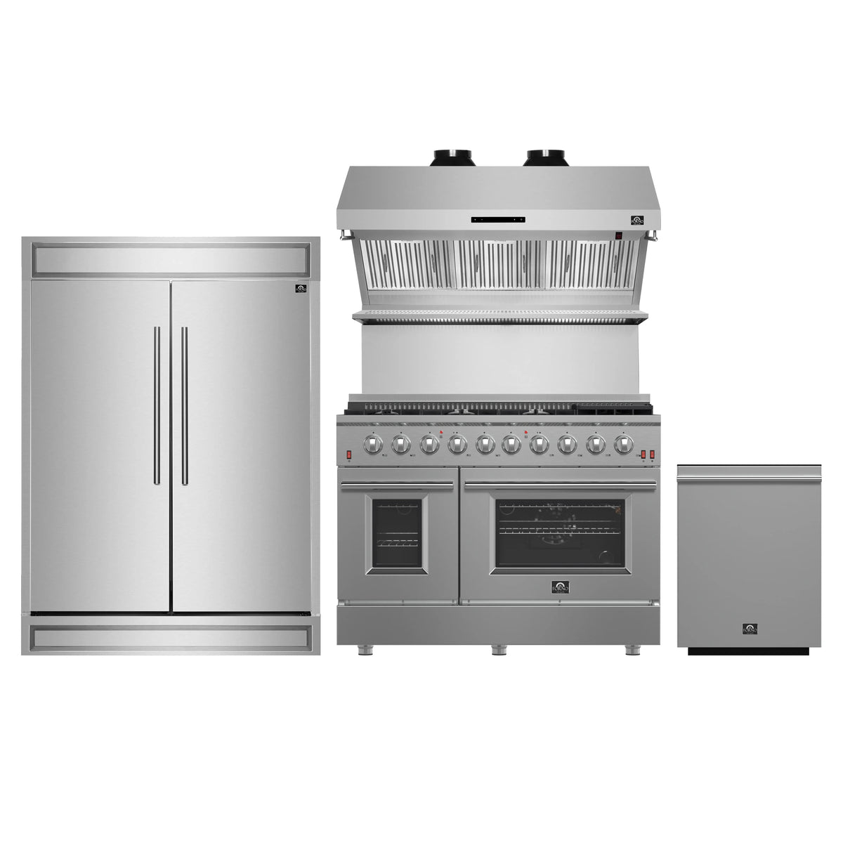 Forno 4-Piece Appliance Package - 48-Inch Gas Range, 60-Inch Pro-Style Refrigerator, Wall Mount Hood with Backsplash, & 3-Rack Dishwasher in Stainless Steel