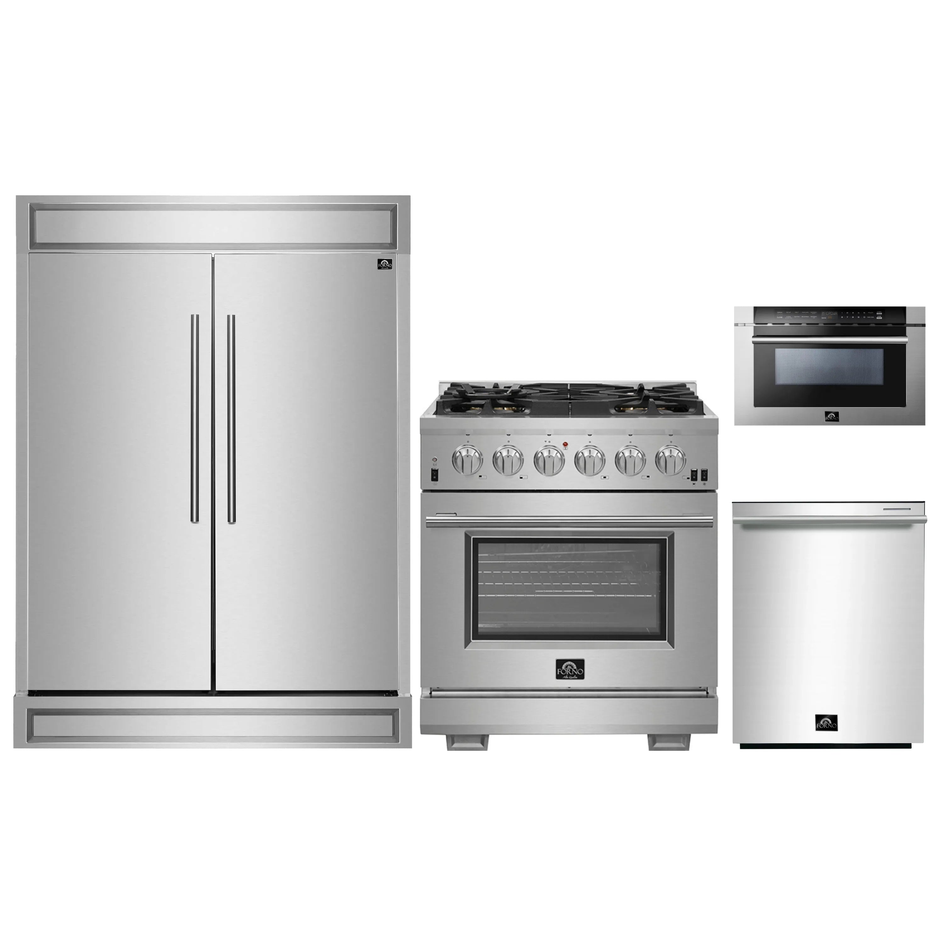 Stainless steel refrigerator, gas range, and microwave drawer in a side-by-side view