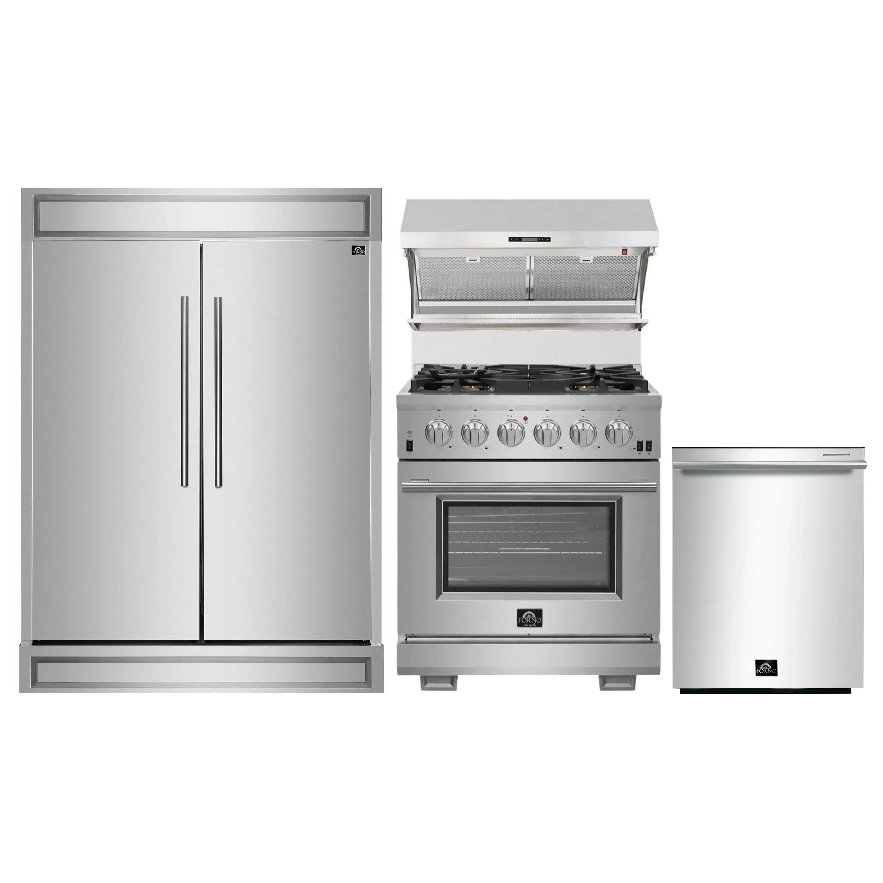 Stainless steel kitchen appliance set with refrigerator, gas range, dishwasher, hood