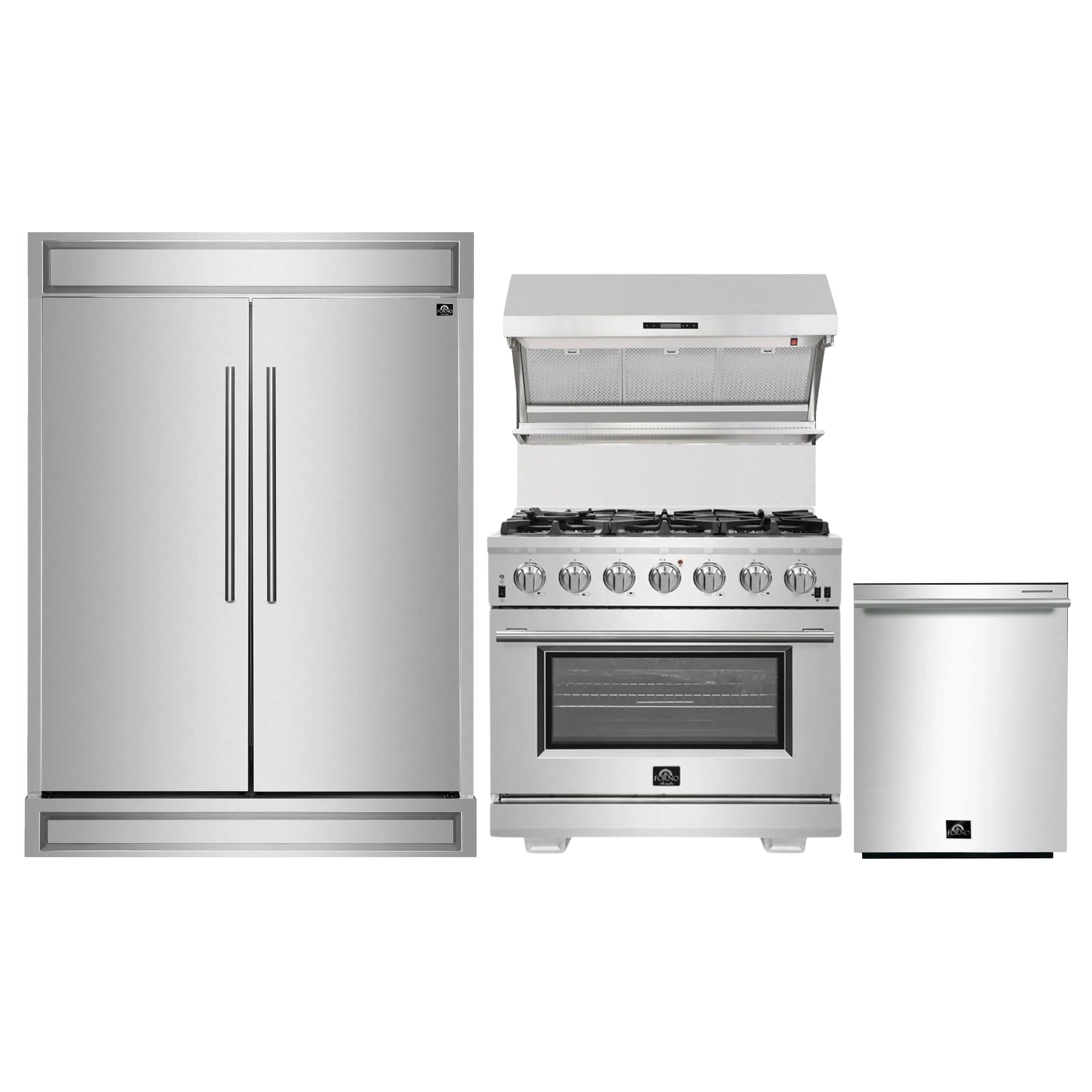 Stainless steel kitchen appliance set: refrigerator, gas range, and dishwasher