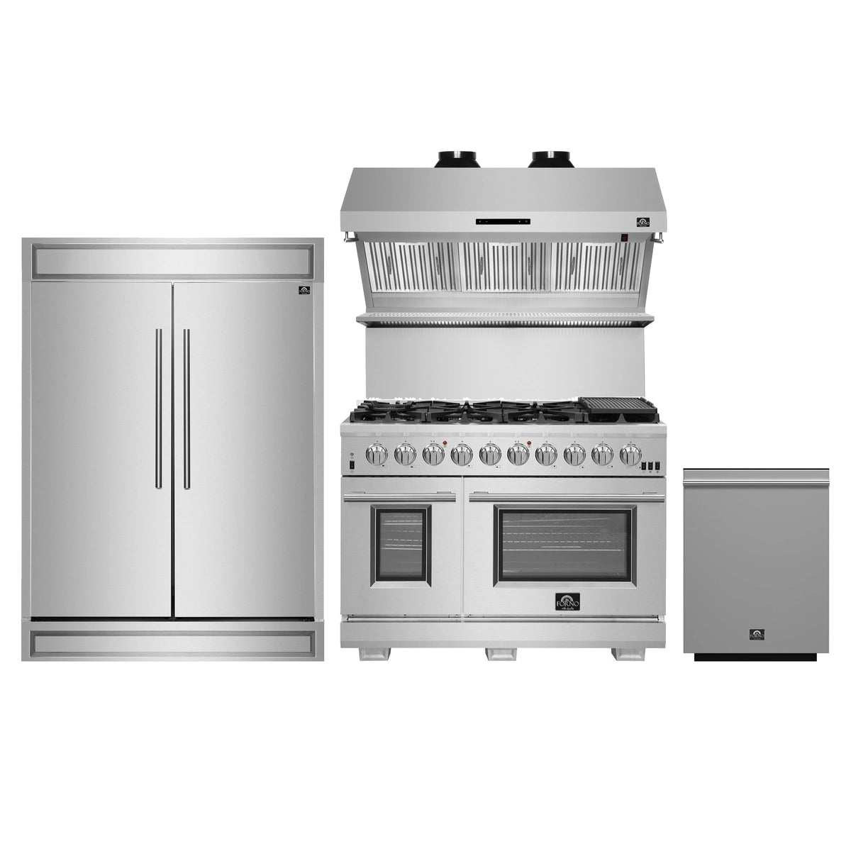 Forno 4-Piece Pro Appliance Package - 48-Inch Gas Range, Premium Hood, 60-Inch Pro-Style Refrigerator, and Dishwasher in Stainless Steel