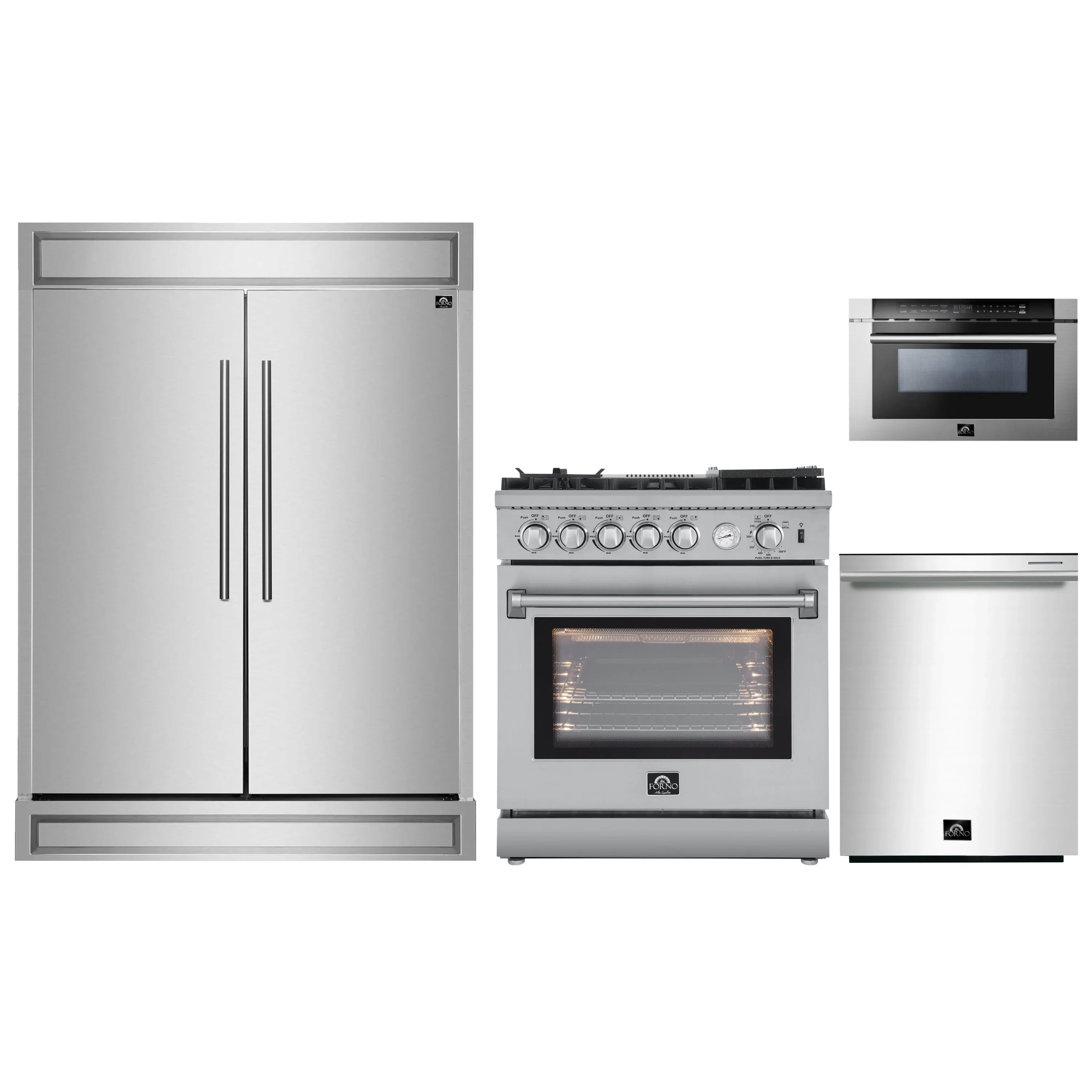 Stainless appliance package showing refrigerator, gas range, and microwave drawer