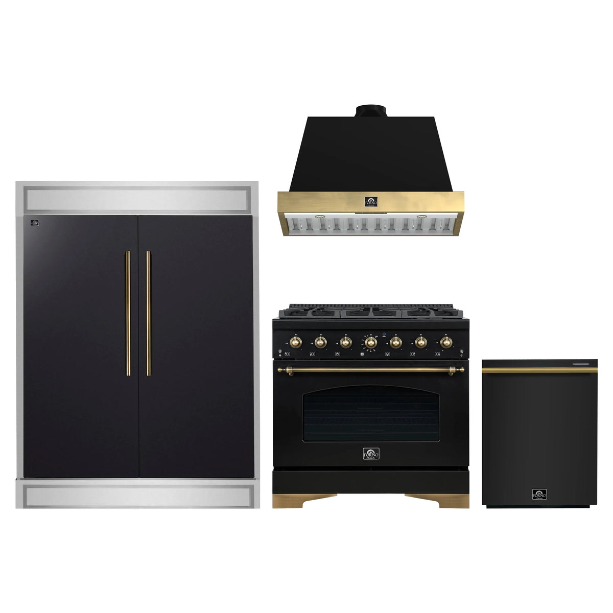 Forno 4-Piece Appliance Package - 36-Inch Dual Fuel Range, Wall Mount Range Hood, 60-Inch Convertible Refrigerator with Modern Trim, and Dishwasher in Black with Antique Brass Trim