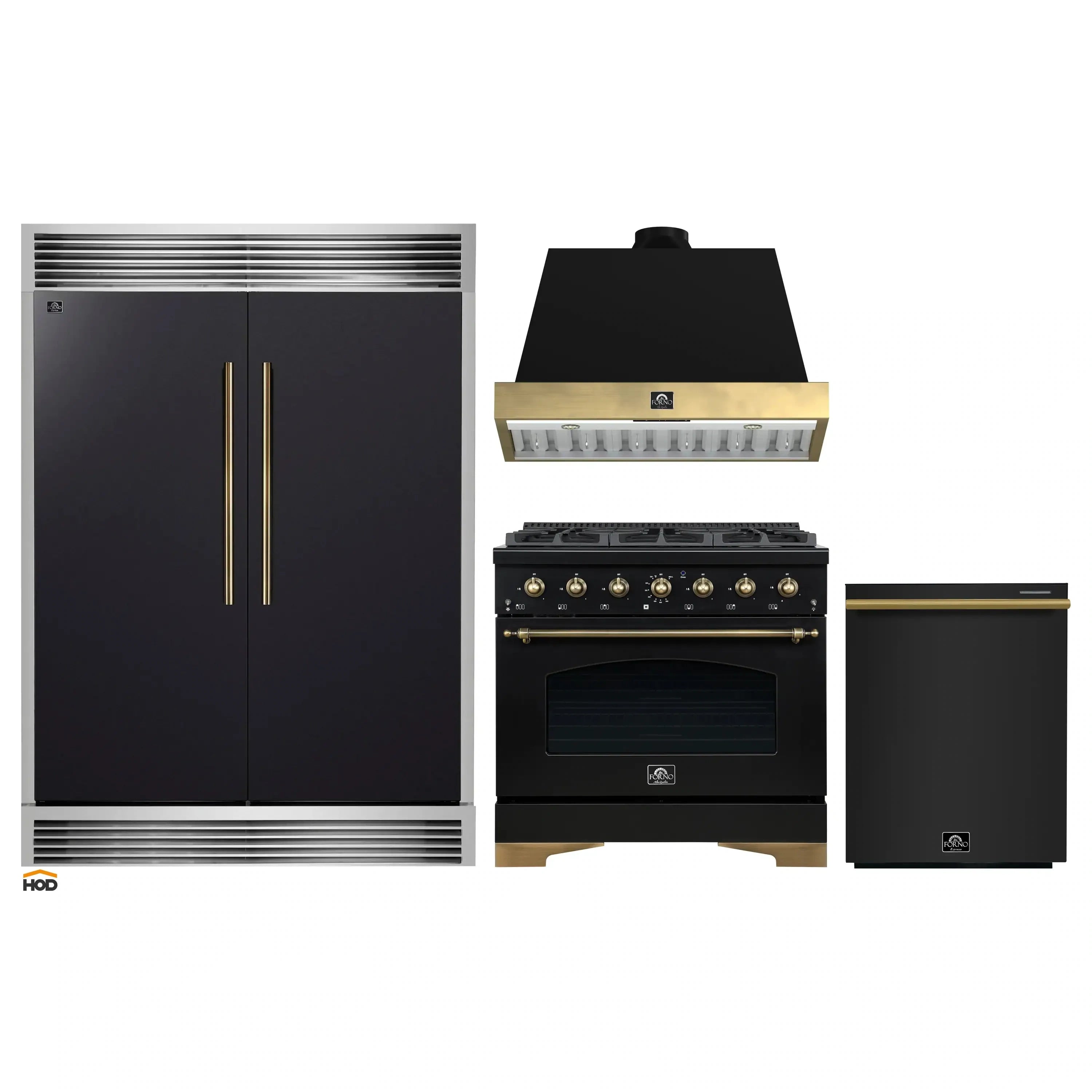Black 4-piece appliance package with antique brass accents: range, hood, refrigerator, dishwasher