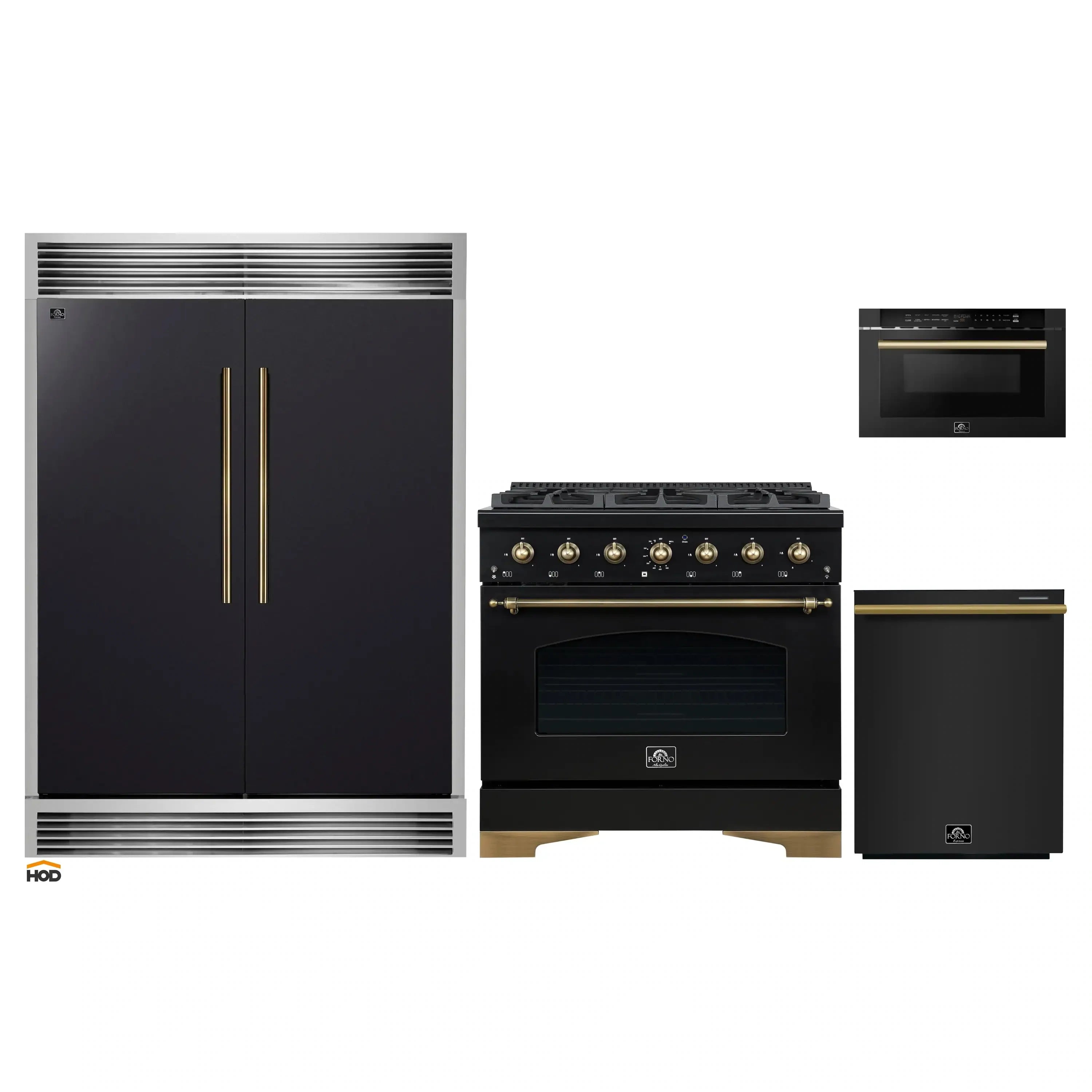 Black appliance package set: refrigerator, dual fuel range, dishwasher, microwave