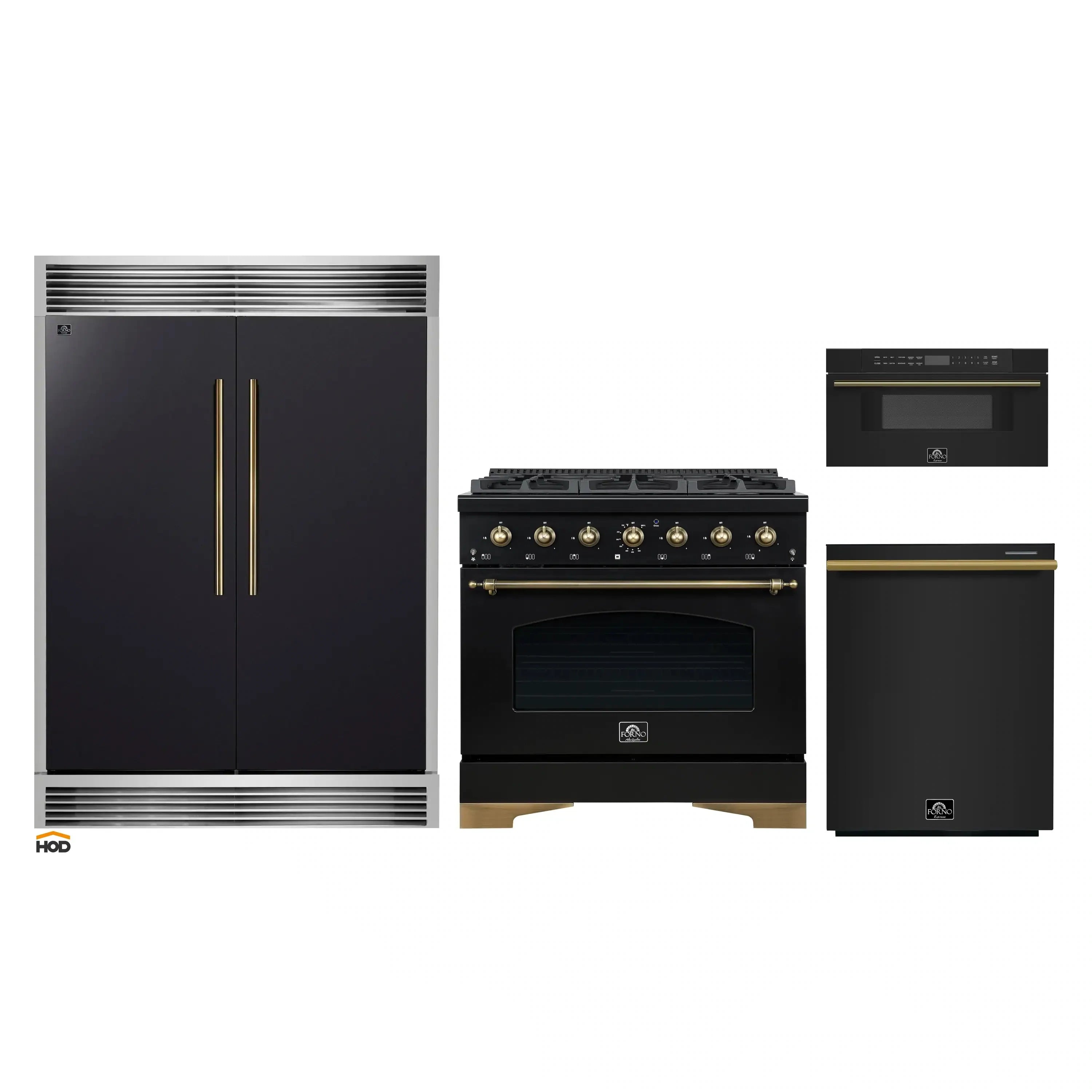 Black appliance package featuring range, microwave drawer, refrigerator, and dishwasher