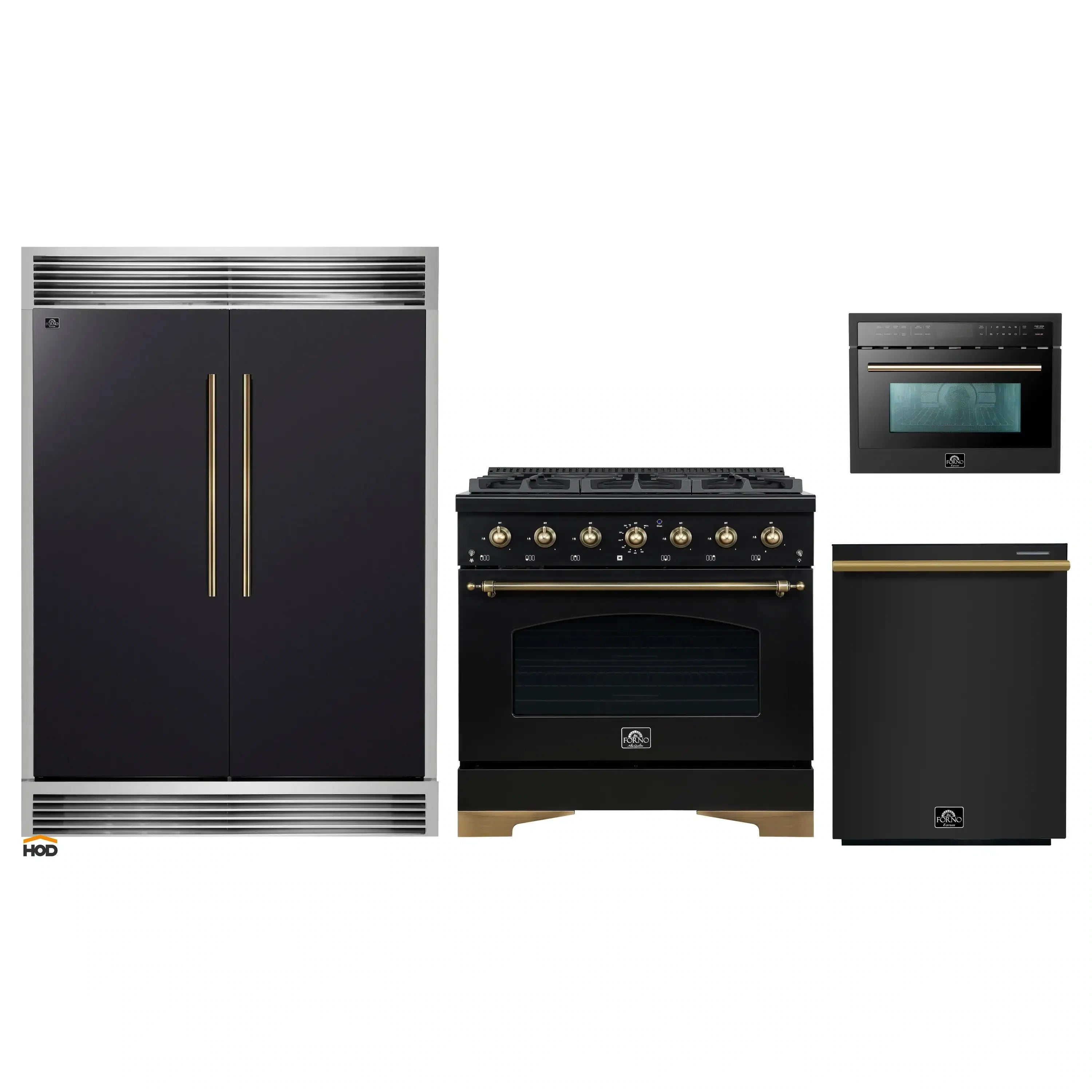 Black appliance set with refrigerator, gas range, and microwave, with gold accents