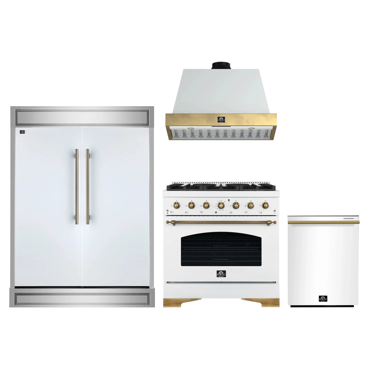 Forno 4-Piece Appliance Package - 36-Inch Dual Fuel Range, Wall Mount Range Hood, 60-Inch Refrigerator, Dishwasher in White with Antique Brass Trim