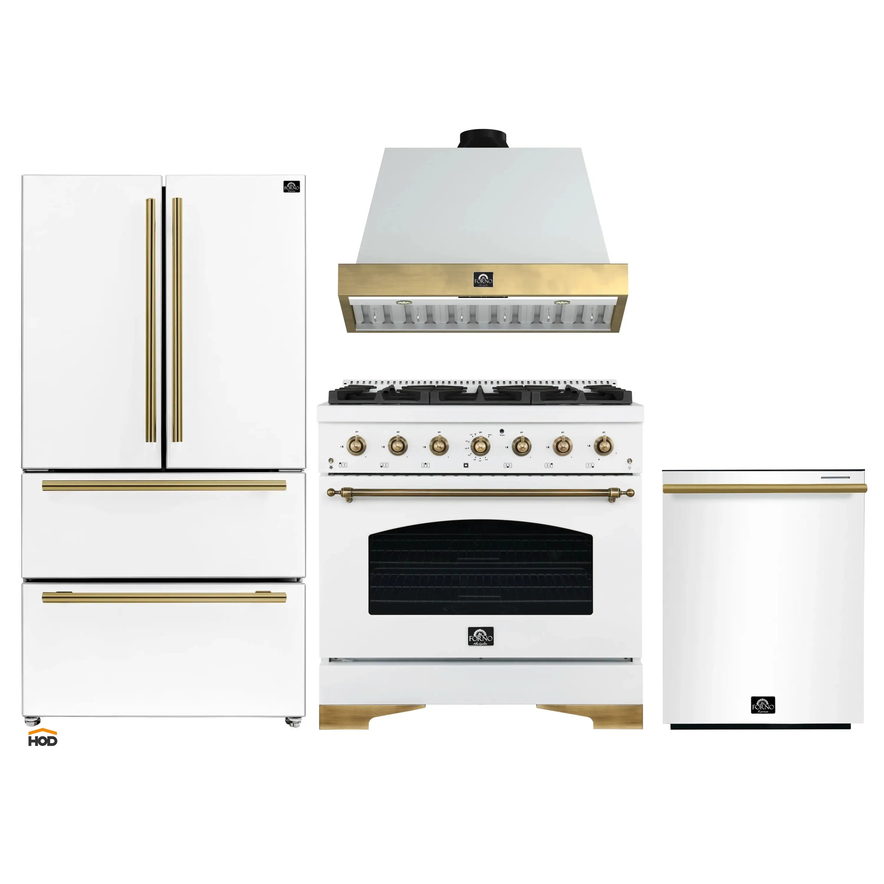 4-piece kitchen appliance set: white range with hood, refrigerator and dishwasher