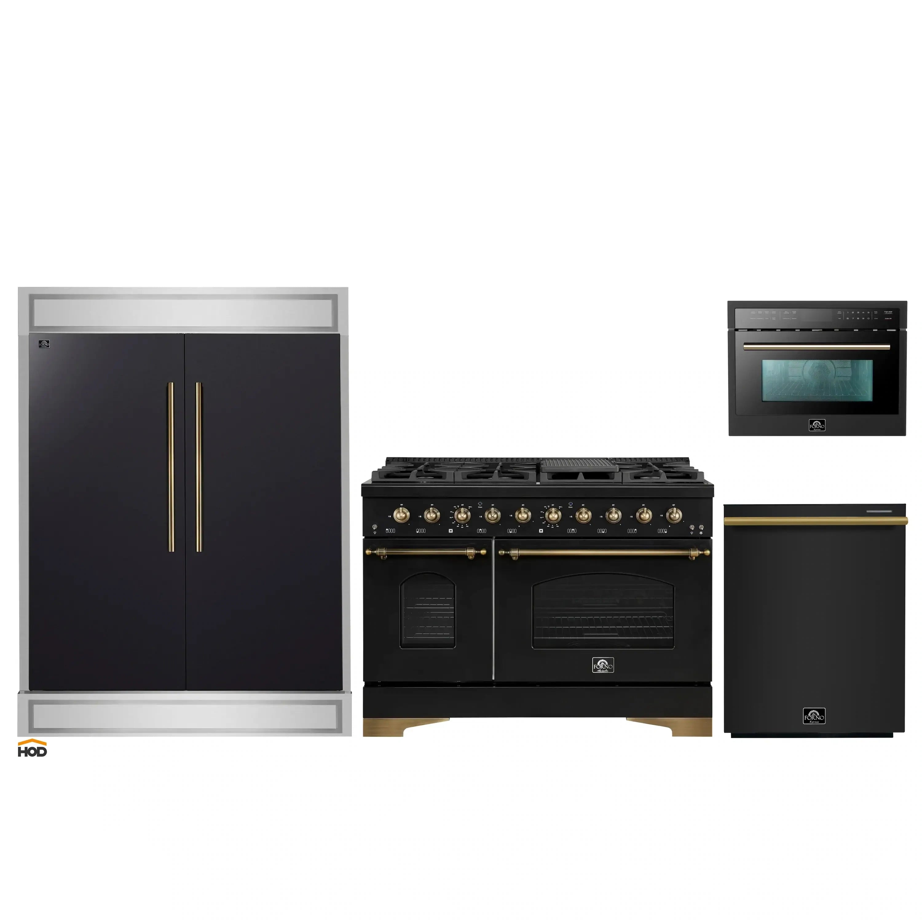 Black kitchen appliance package with range, convertible refrigerator, dishwasher, and microwave