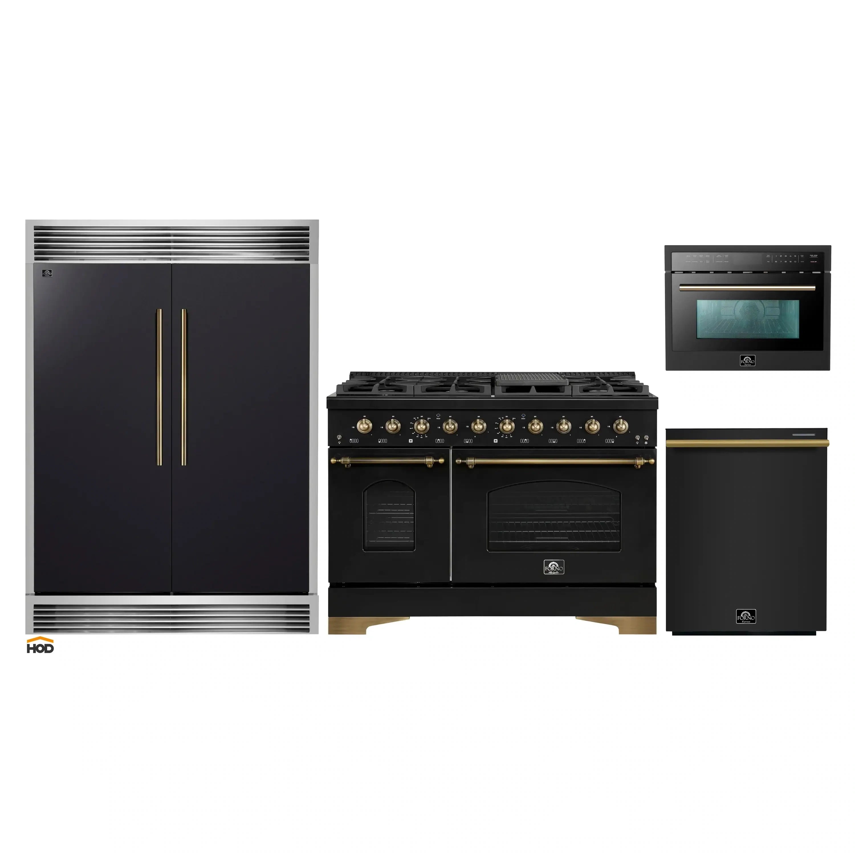 Four-piece black appliance package with refrigerator, range, dishwasher, and microwave