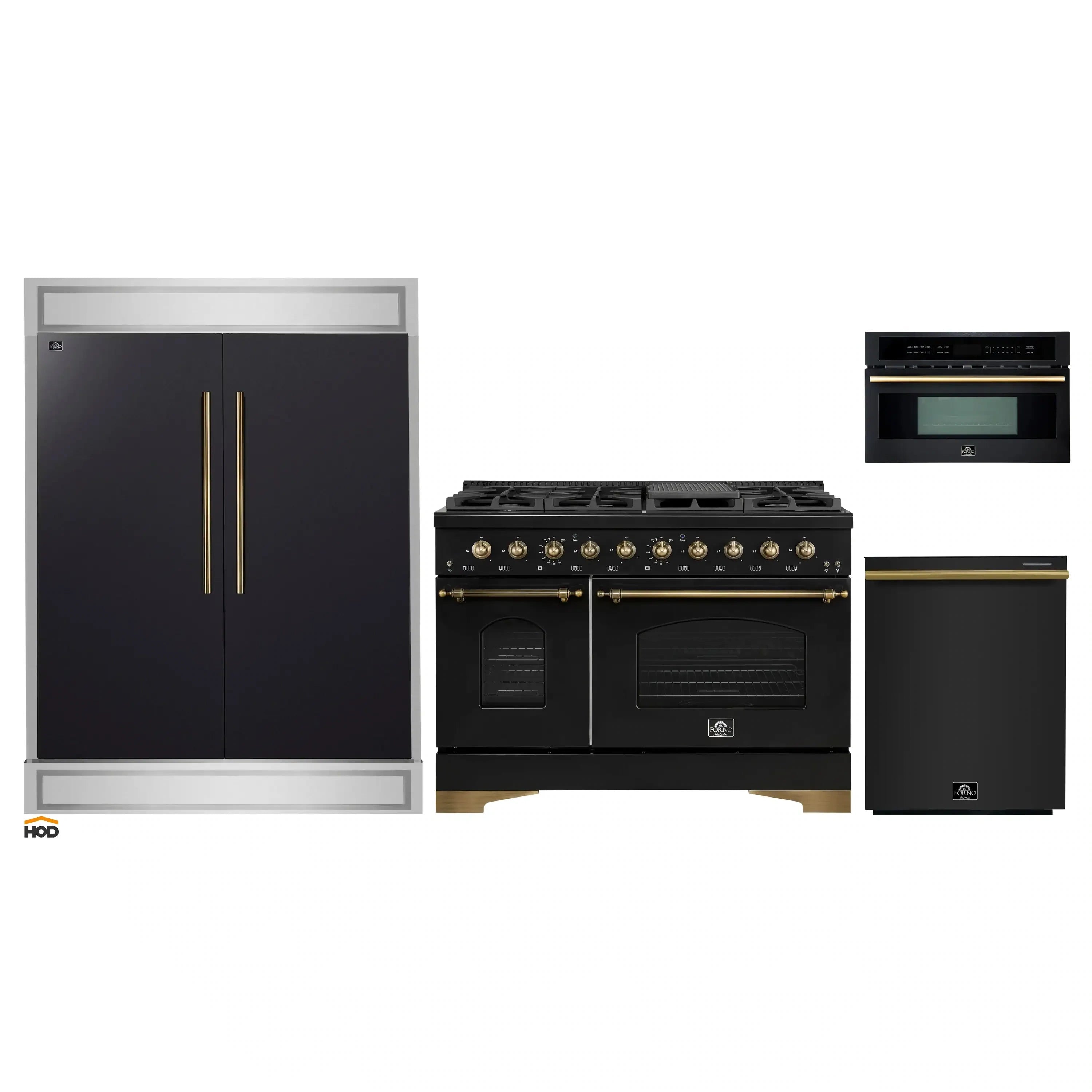 Black kitchen appliance set with range, refrigerator, dishwasher, and microwave with gold trim