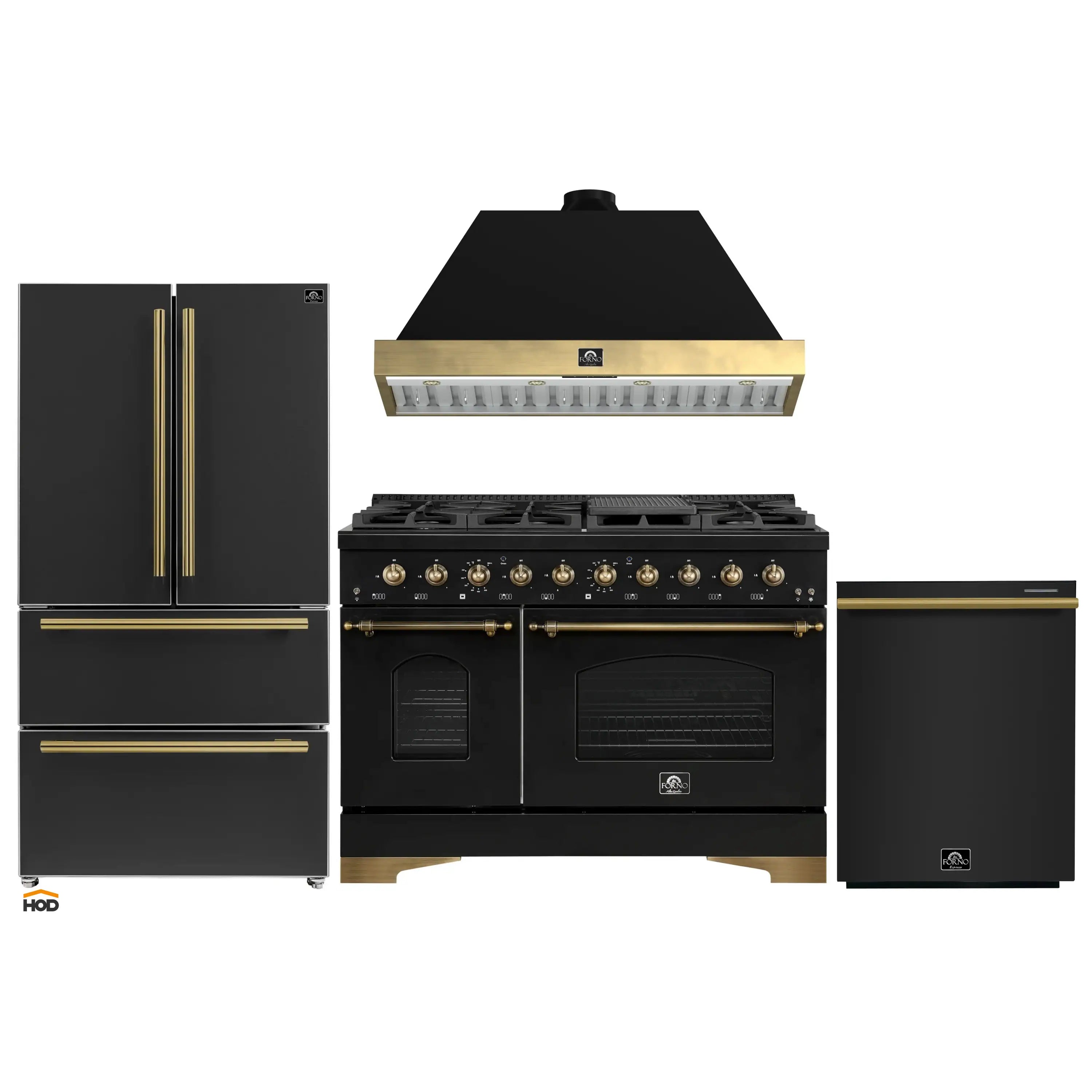 Black kitchen appliance package with antique-brass accents: range, hood, refrigerator, dishwasher