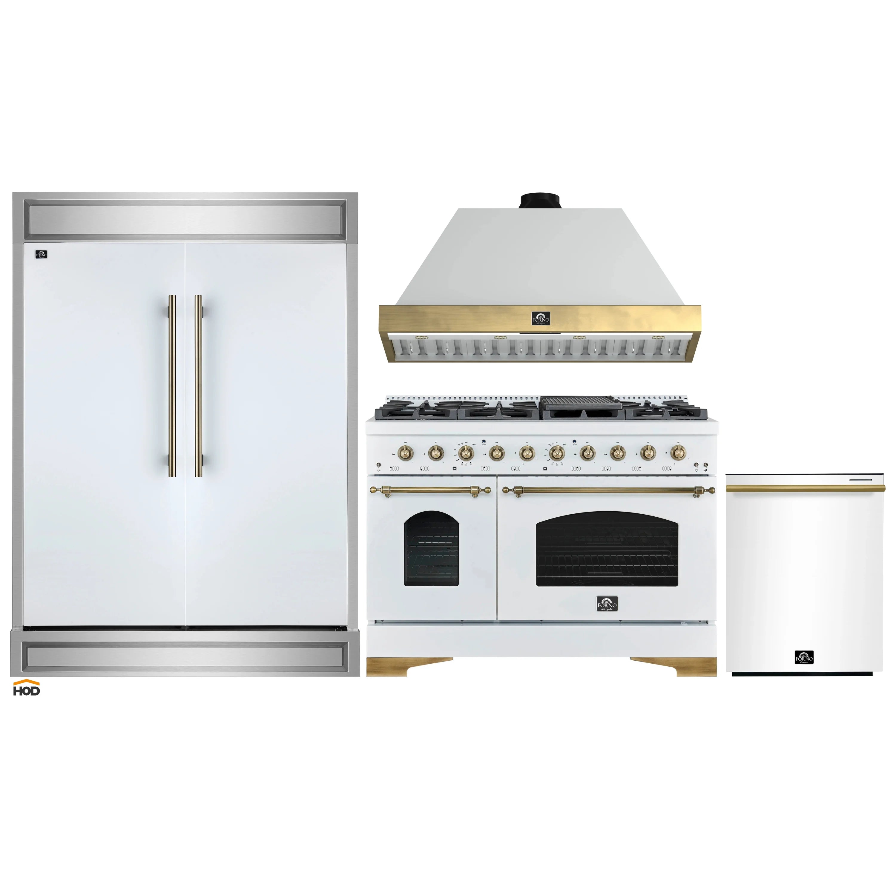 Kitchen appliance package featuring range, range hood, refrigerator door, and dishwasher