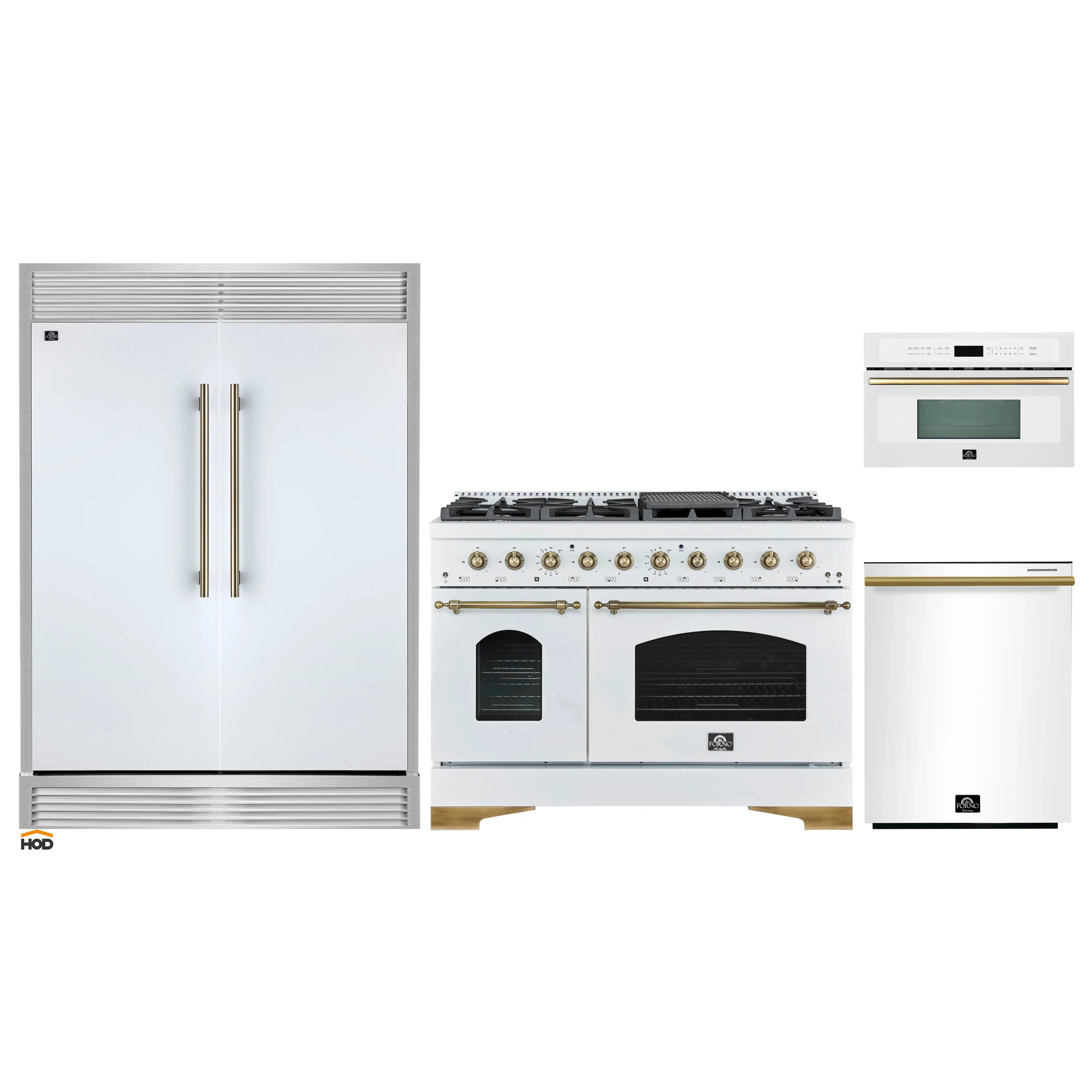 Kitchen appliance package in white with refrigerator, range, and microwave units.