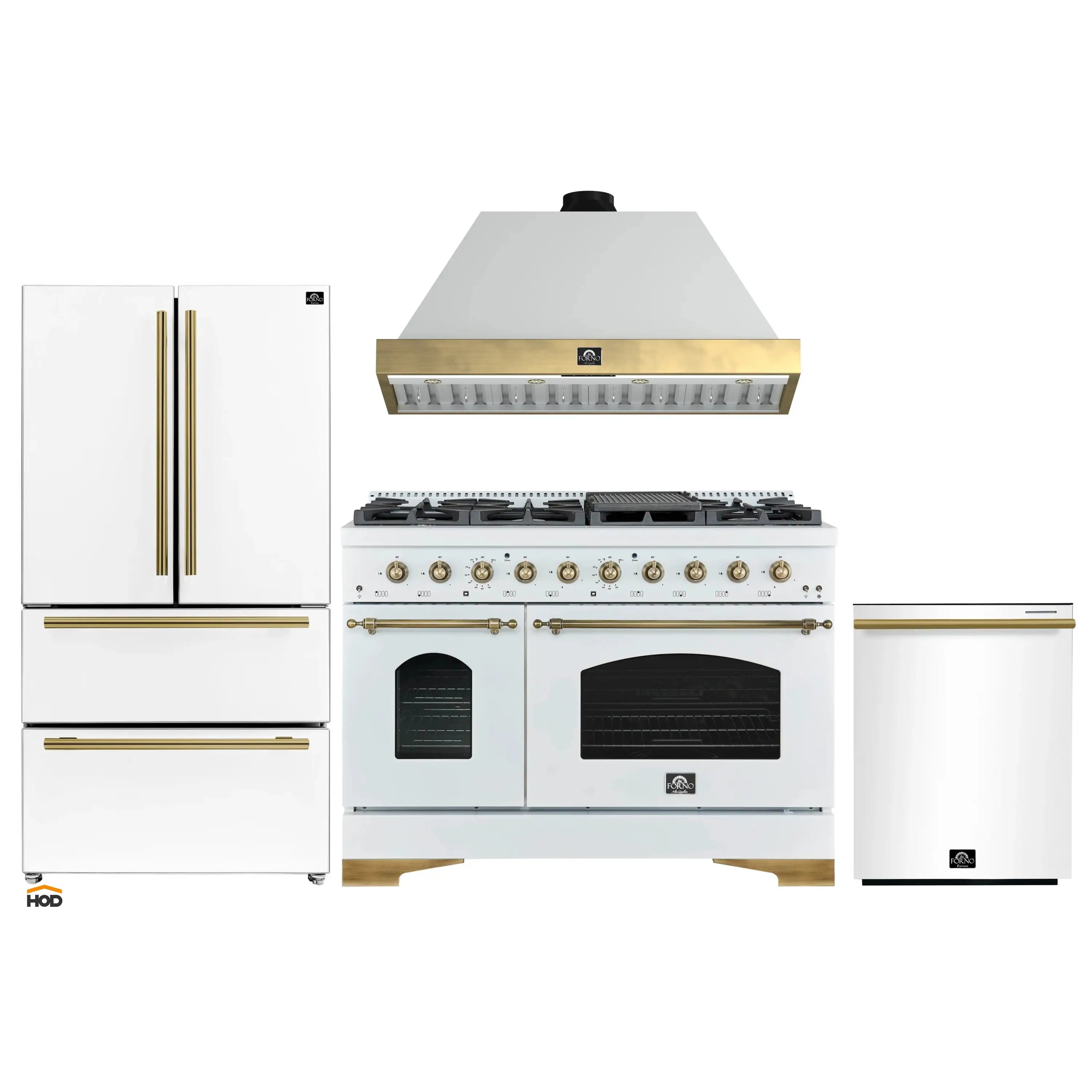 White dual-fuel range with brass control knobs and matching range hood