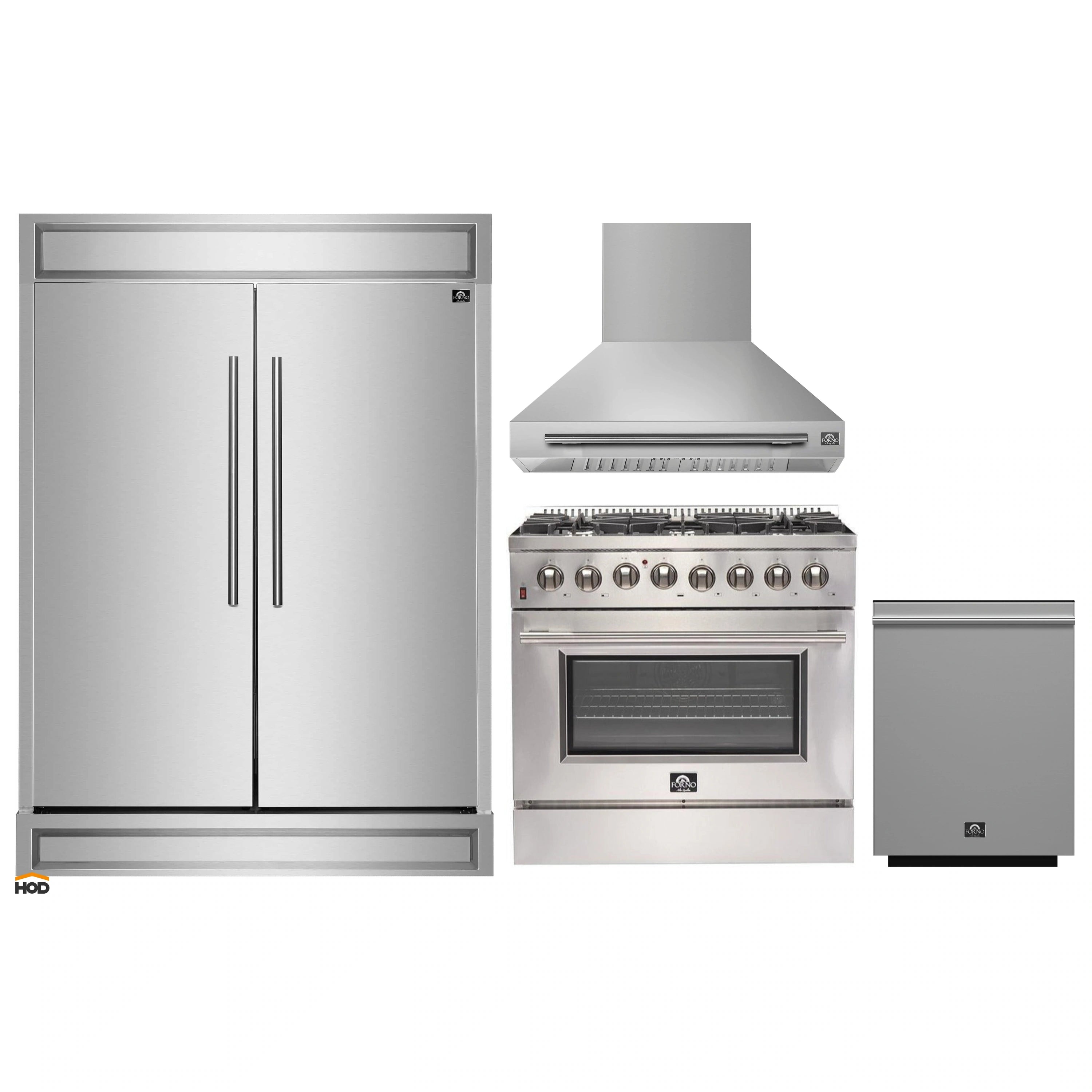 Stainless steel kitchen appliance package with refrigerator, range, hood, and dishwasher