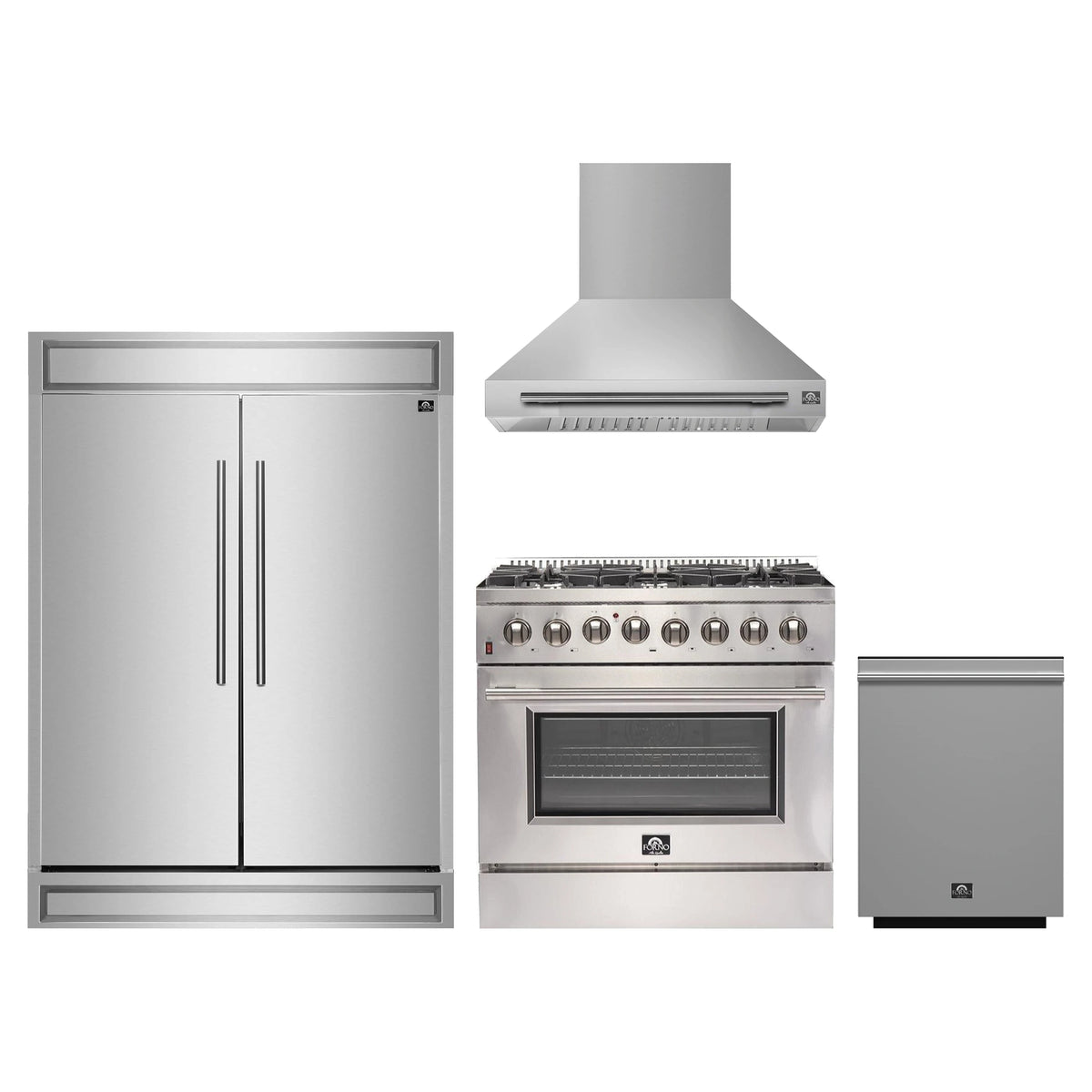 Forno 4-Piece Appliance Package - 36-Inch Dual Fuel Range, Wall Mount Range Hood, 60-Inch Built-In Convertible Refrigerator, and Dishwasher in Stainless Steel