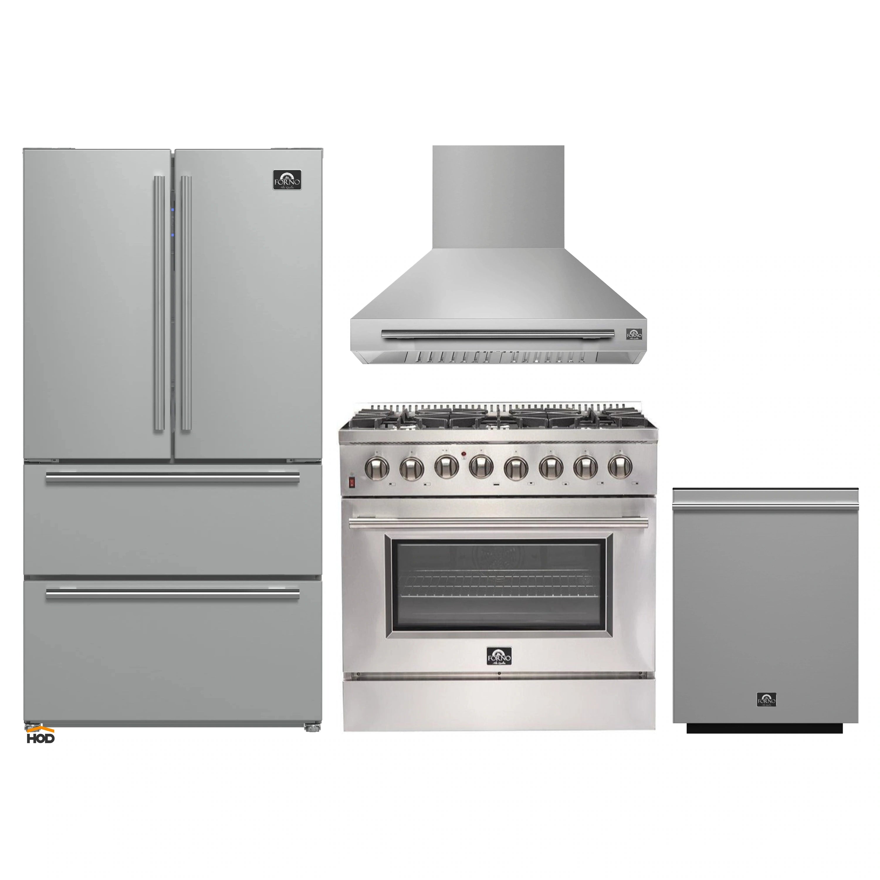 Kitchen appliance package: refrigerator, dual-fuel range, wall hood, dishwasher