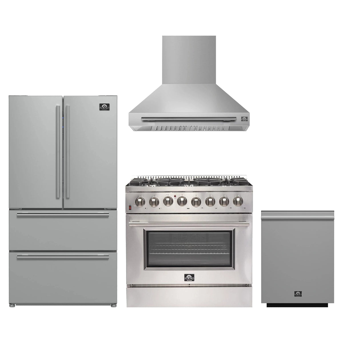 Forno 4-Piece Appliance Package - 36-Inch Dual Fuel Range, Wall Mount Range Hood, 36-Inch French Door Refrigerator, and Dishwasher in Stainless Steel