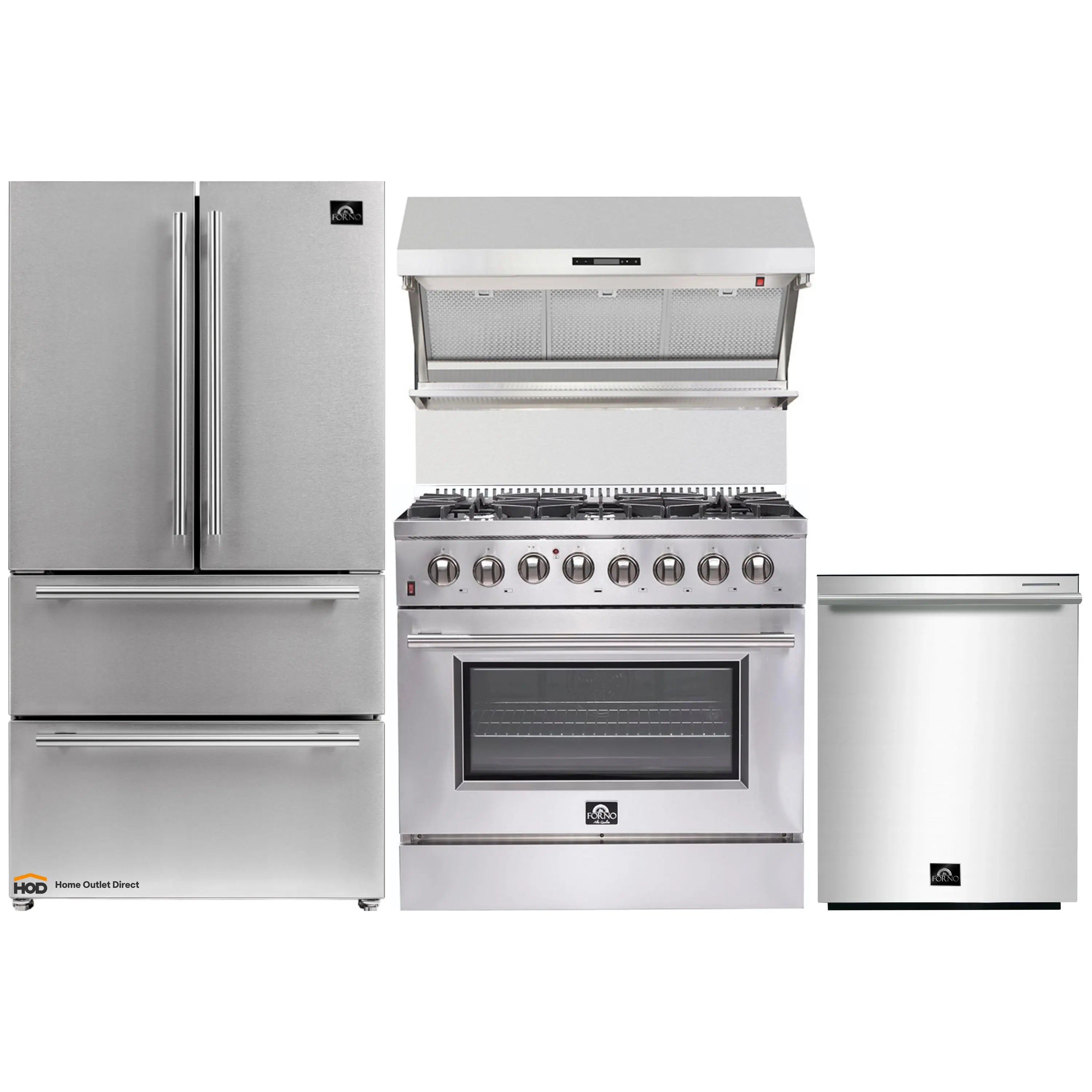 Stainless steel kitchen appliance package with refrigerator, range, hood, and dishwasher