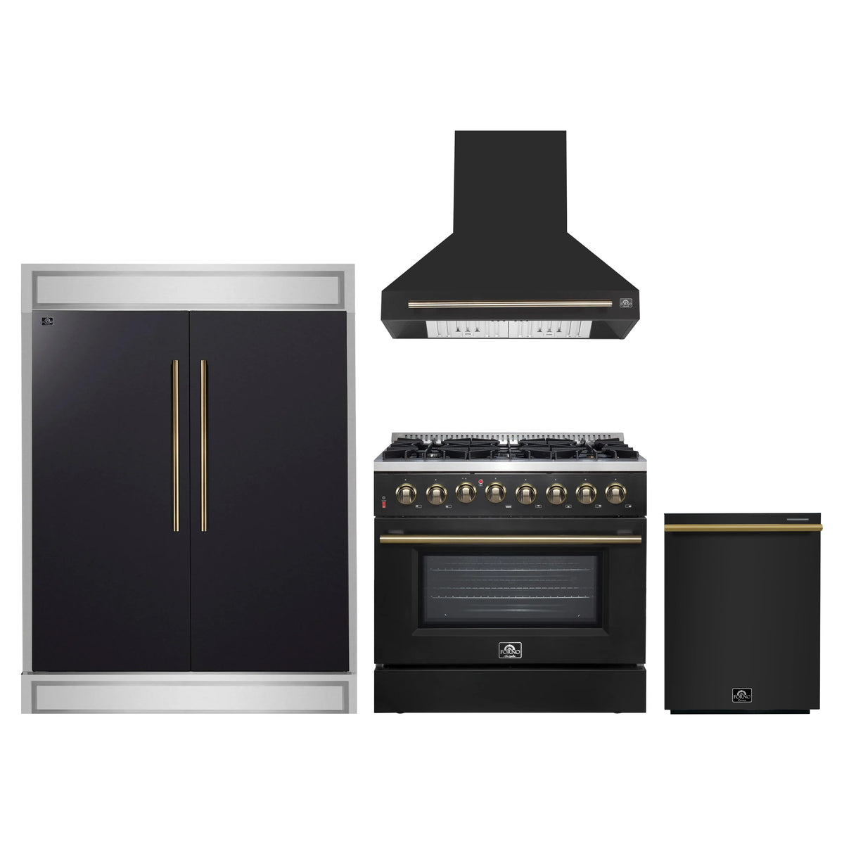 Forno 4-Piece Appliance Package - 36-Inch Dual Fuel Range, Wall Mount Range Hood, 60-Inch Built-In Convertible Refrigerator, and Dishwasher in Black with Antique Brass Trim