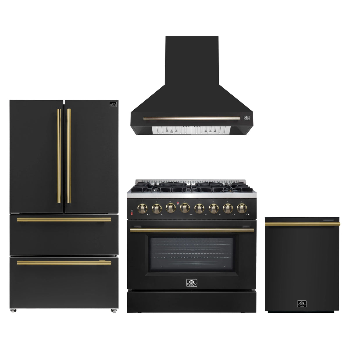 Forno 4-Piece Appliance Package - 36-Inch Dual Fuel Range, Wall Mount Range Hood, 36-Inch French Door Refrigerator, and Dishwasher in Black with Antique Brass Trim