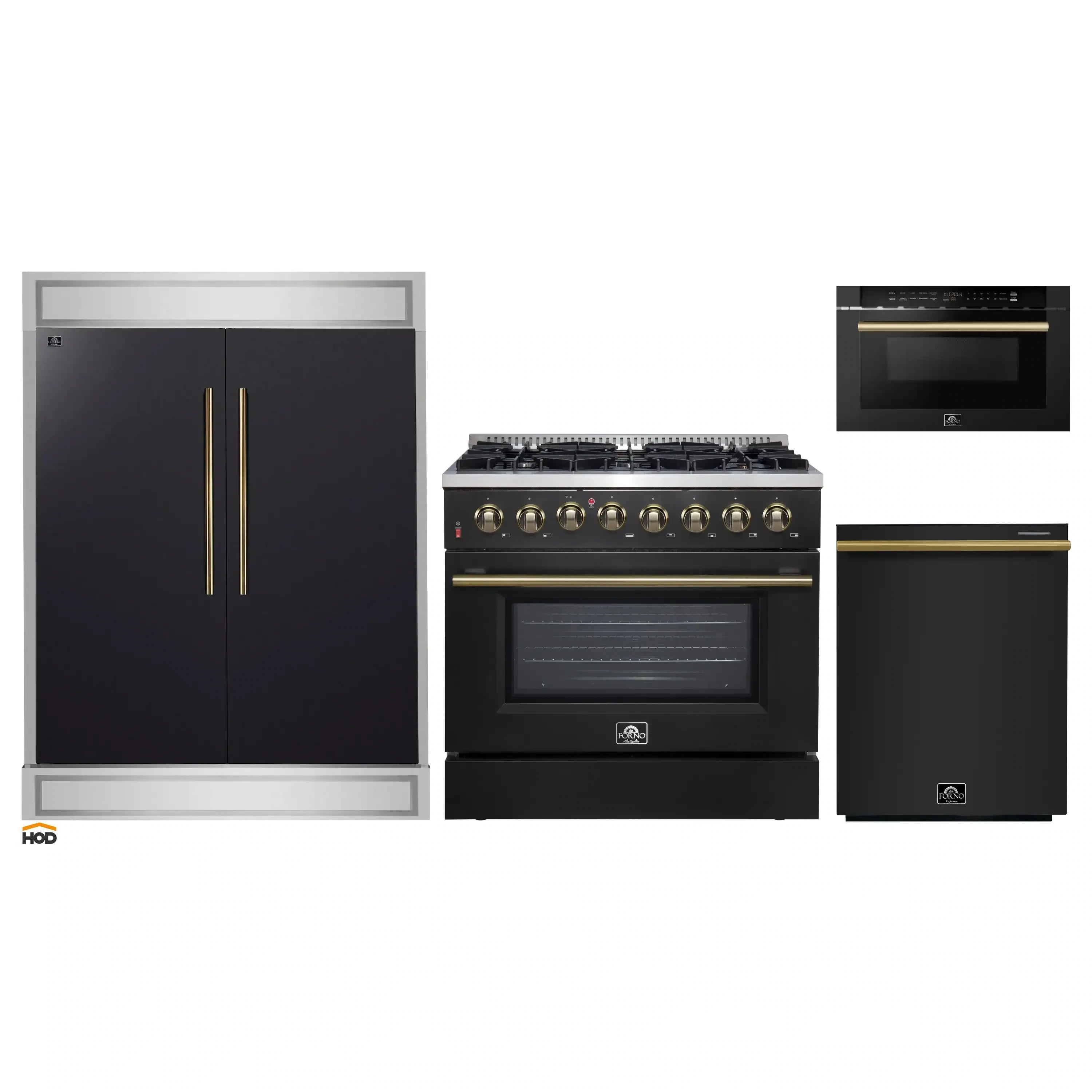 Black 4-piece appliance package with dual fuel range, fridge, dishwasher and drawer