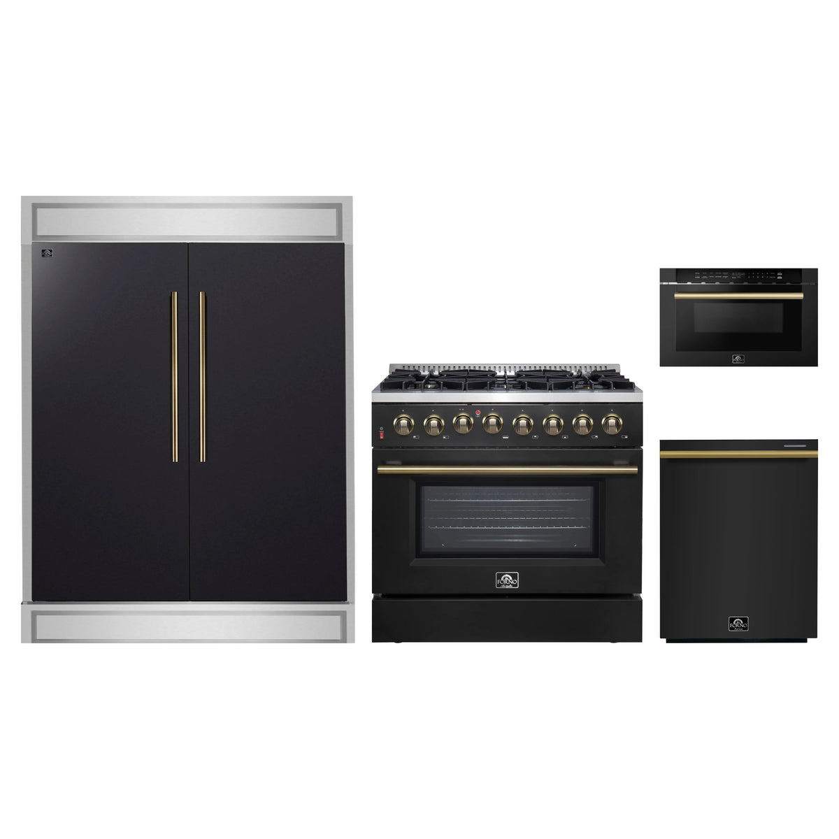 Forno 4-Piece Appliance Package - 36-Inch Dual Fuel Range, 60-Inch Convertible Refrigerator with Modern Trim, Dishwasher, and 24-Inch Microwave Drawer in Black with Antique Brass Trim
