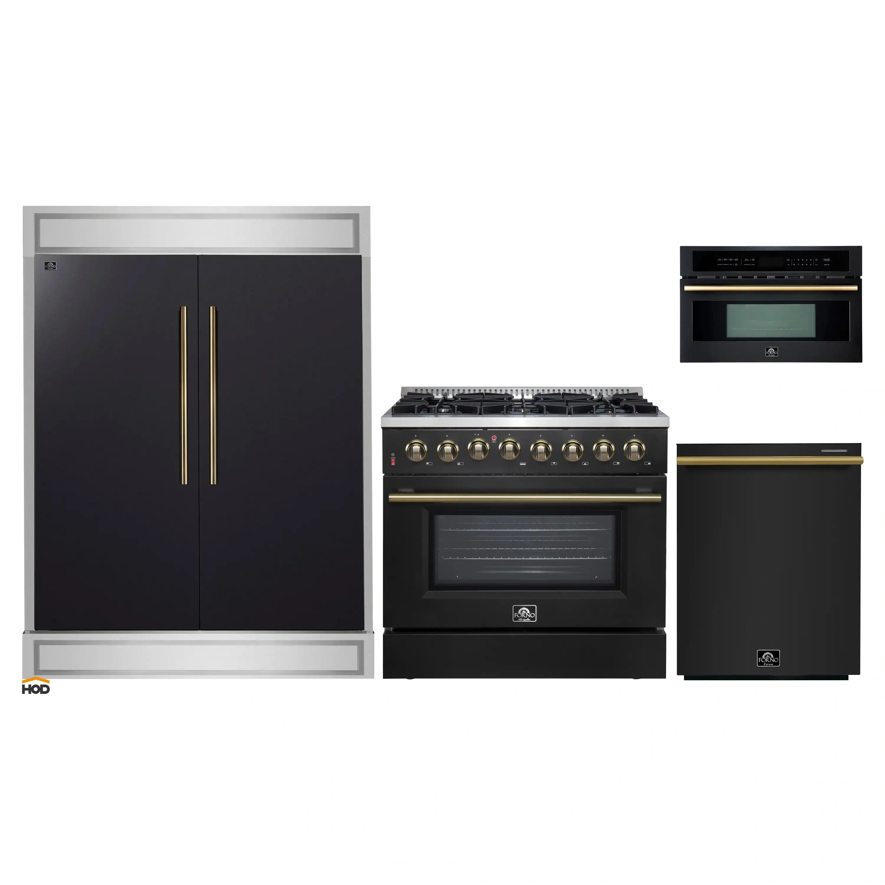 Black appliance package featuring refrigerator, range, dishwasher, and microwave