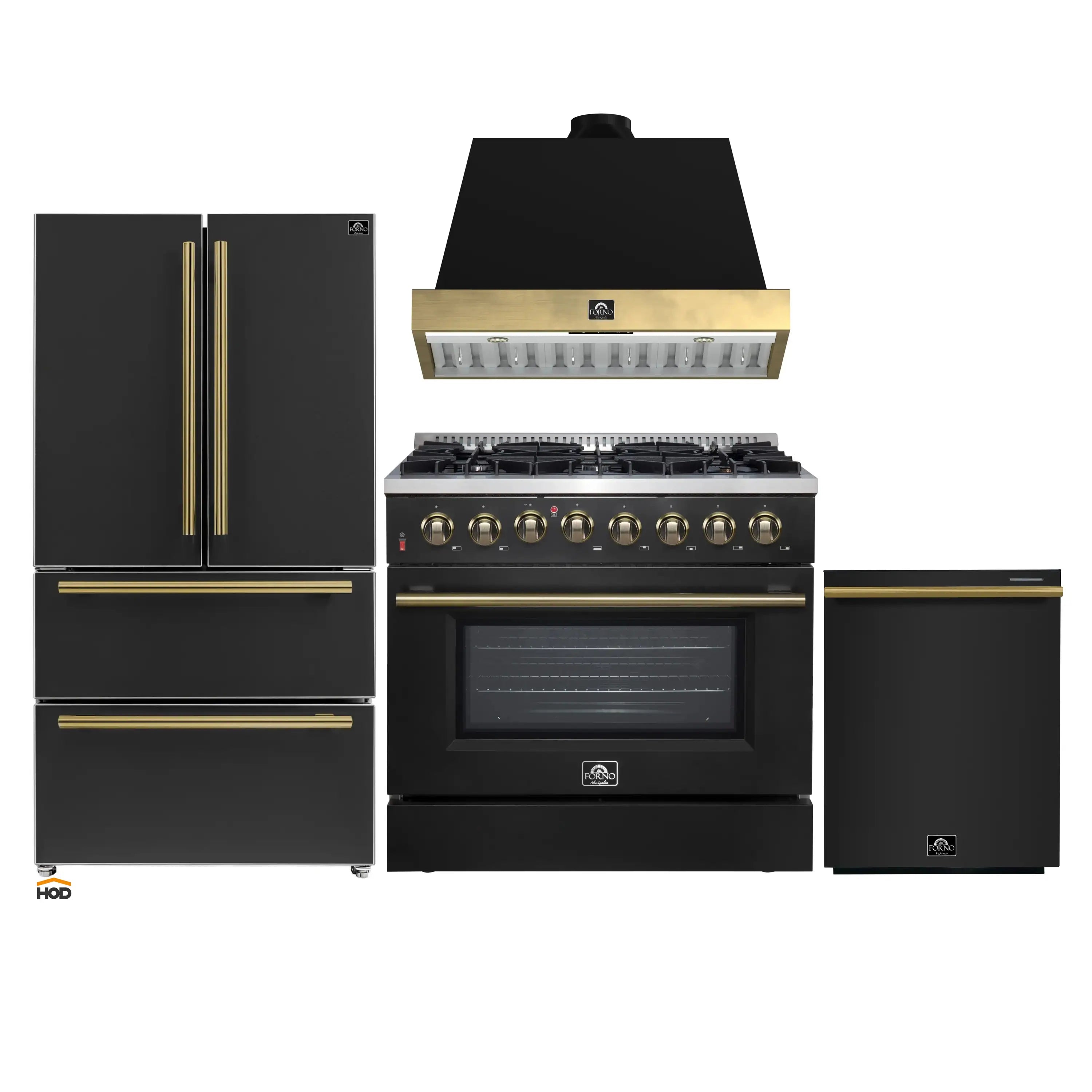 Black 4-piece appliance package with antique brass trim: range, hood, refrigerator, dishwasher.