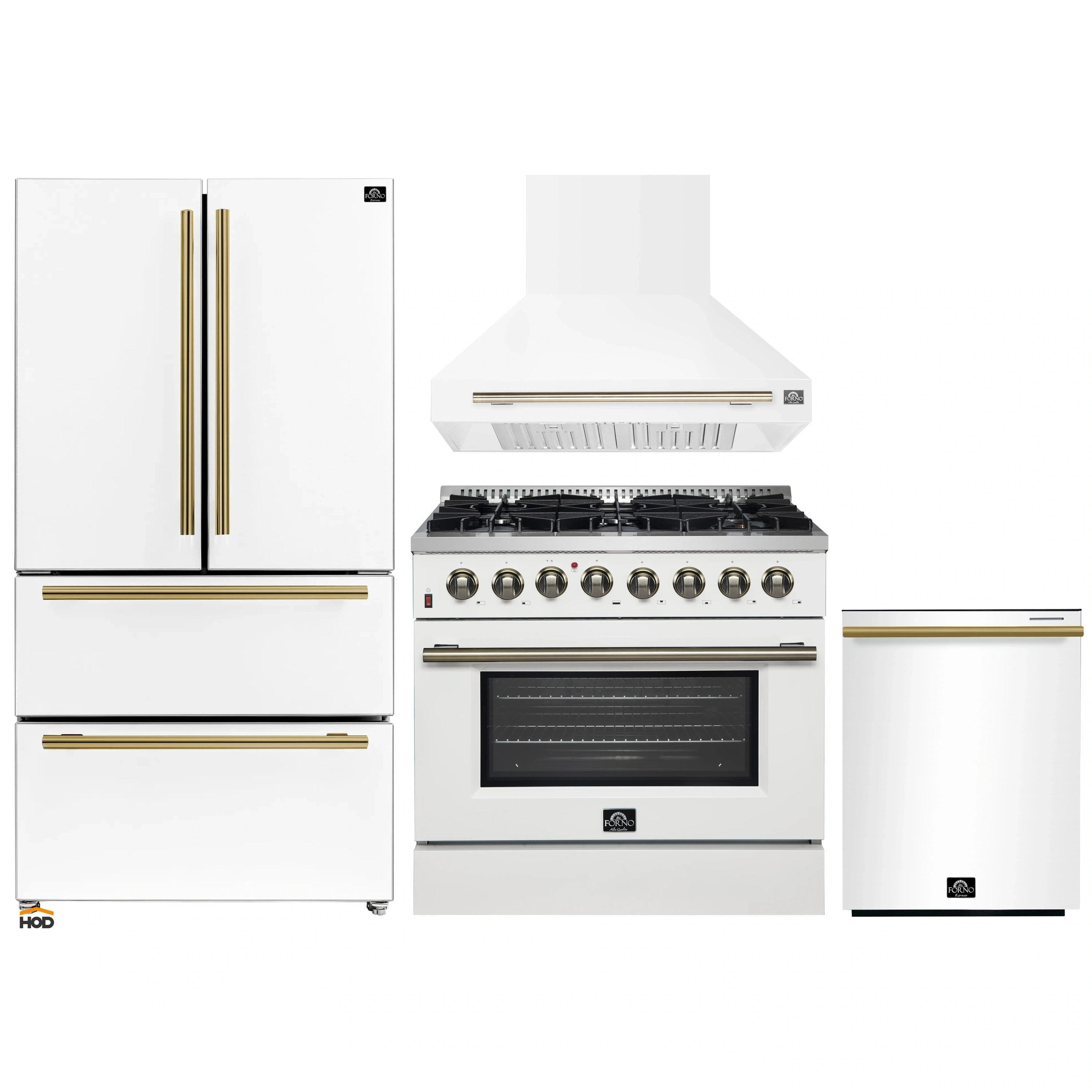 White dual fuel range with brass accents, oven window, and cooktop burners shown
