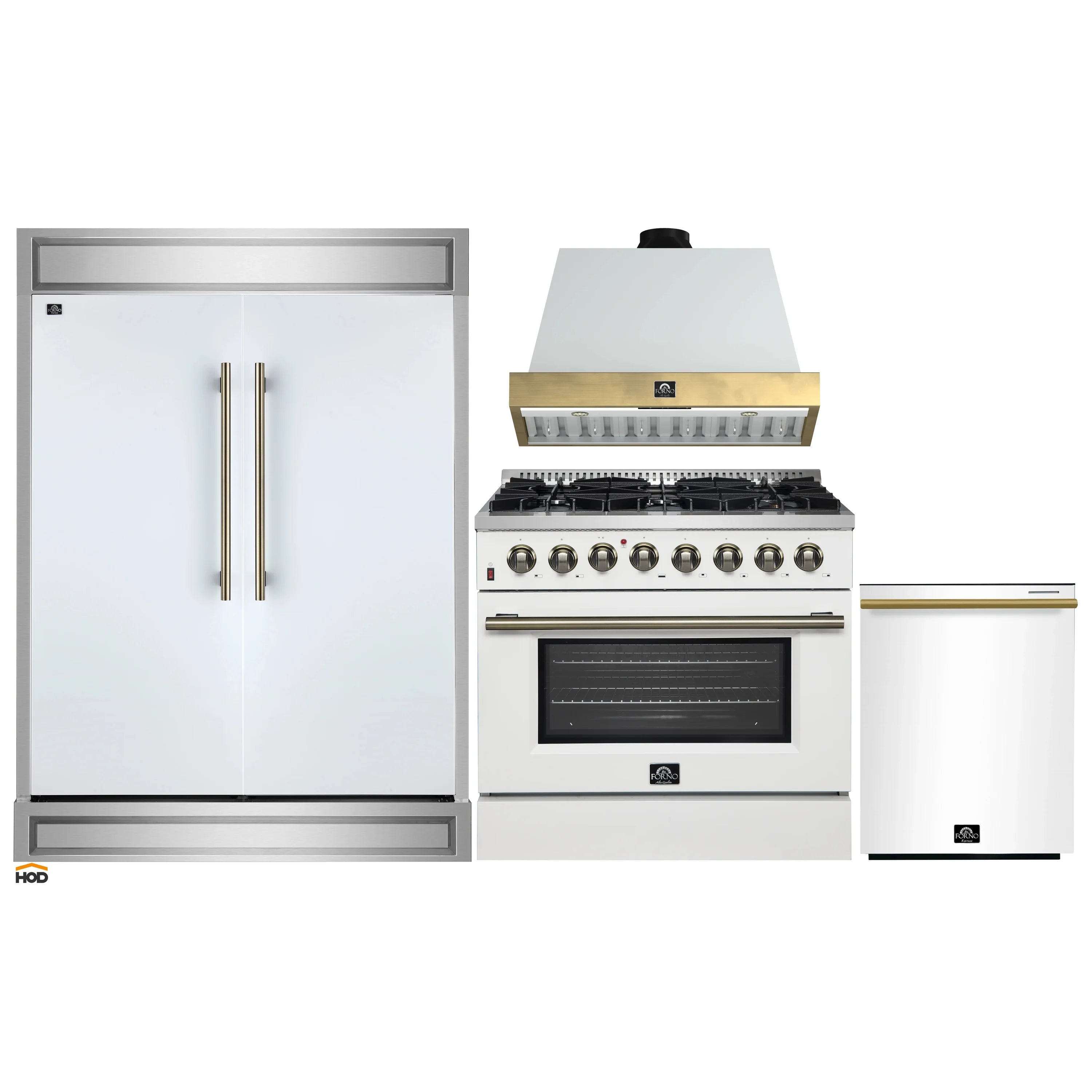 White range with gold-trimmed hood, oven door window and control knobs