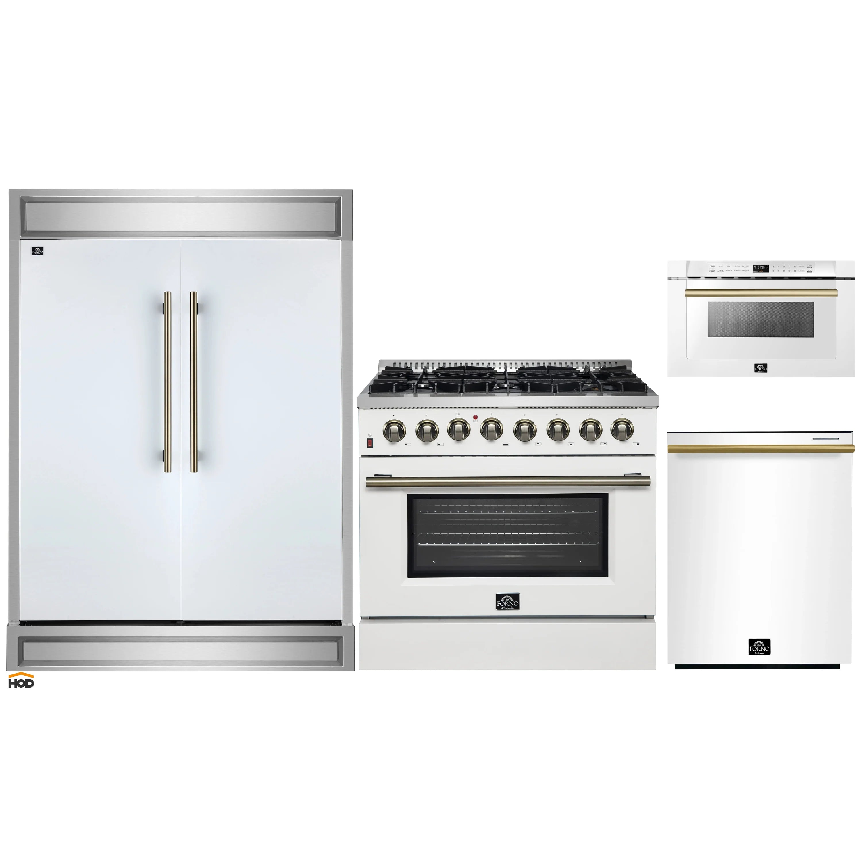 White kitchen appliance set: refrigerator, range oven, and microwave drawer with brass accents