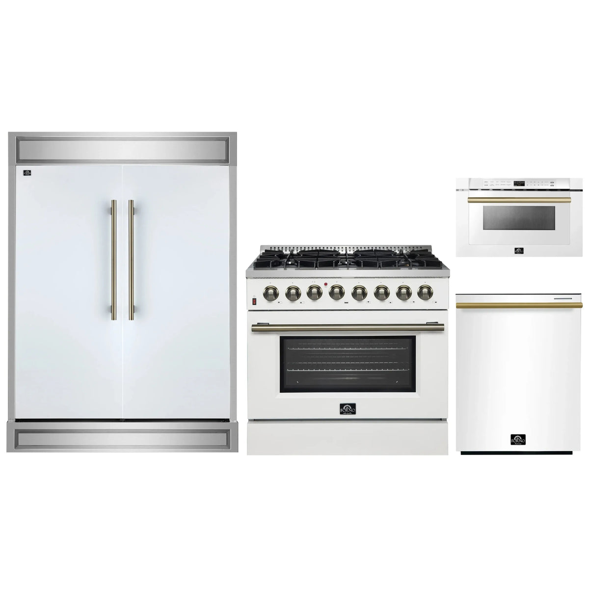 Forno 4-Piece Appliance Package - 36-Inch Dual Fuel Range, 60-Inch Refrigerator, Dishwasher, & 24-Inch Microwave Drawer in White with Antique Brass Trim