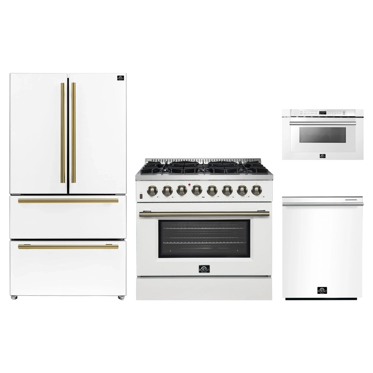 Forno 4-Piece Appliance Package - 36-Inch Dual Fuel Range, 36-Inch Refrigerator, 24-Inch Microwave Drawer, & Dishwasher in White with Antique Brass Trim