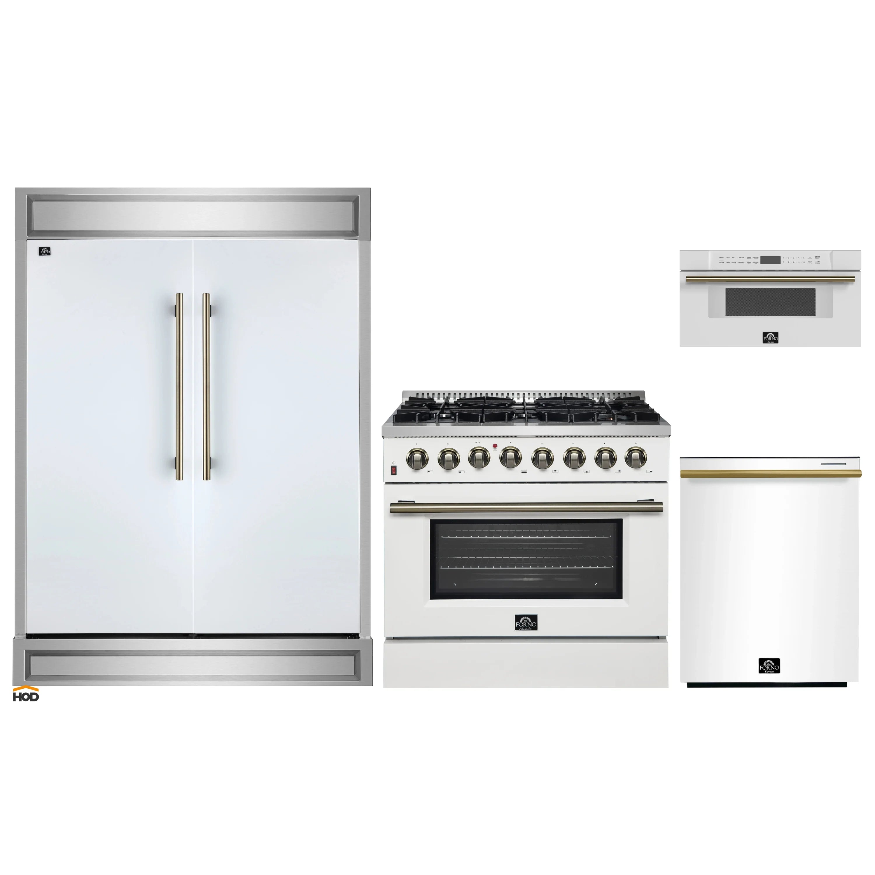 White 4-piece appliance set: refrigerator, dual fuel range, and microwave drawer